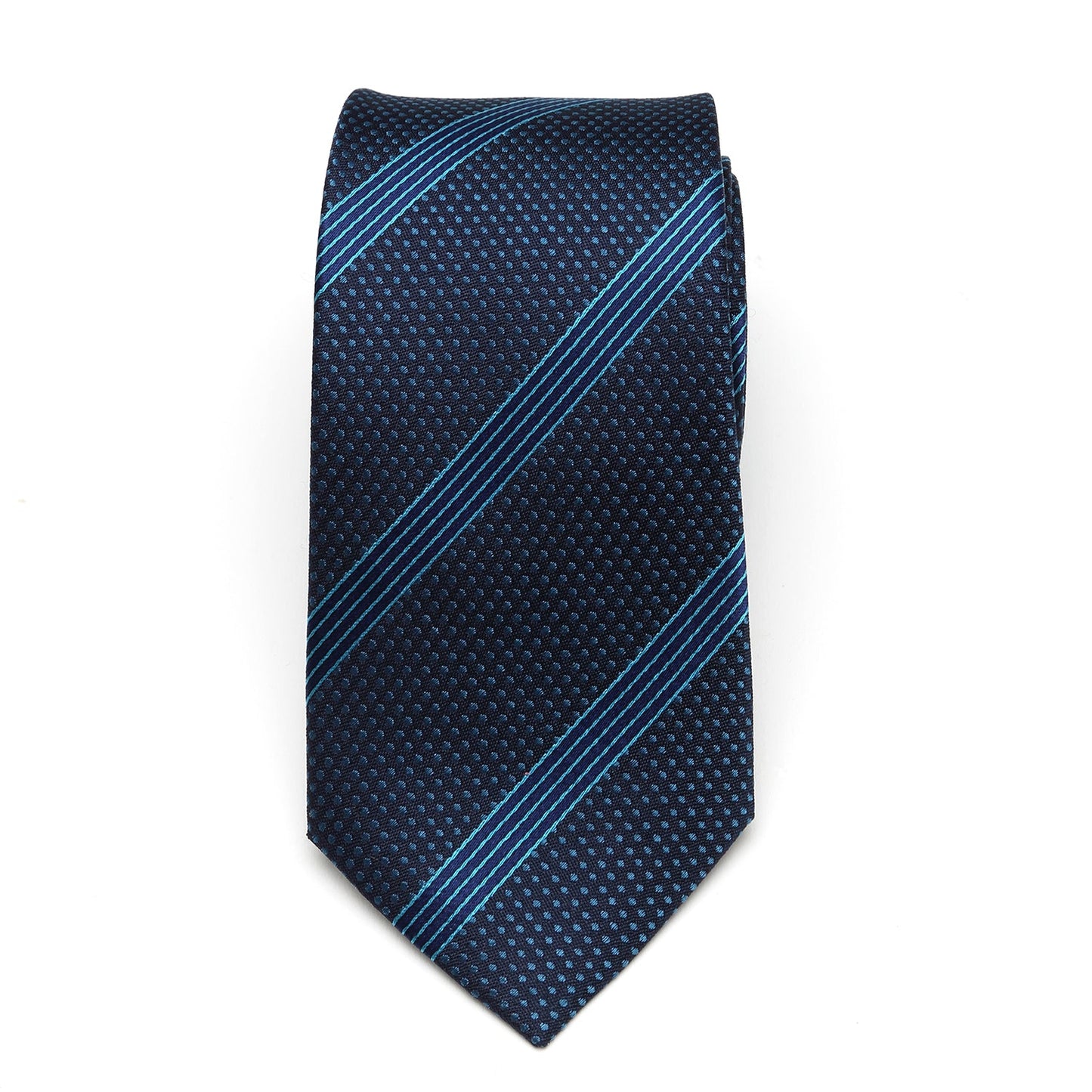 The Star Wars Millennium Falcon Blue Striped Tie by Cufflinks.com features navy blue fabric with light blue polka dots and diagonal stripes, shown rolled up on a white background.