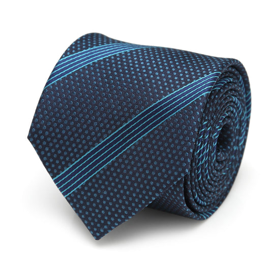The Star Wars Millennium Falcon Blue Striped Tie by Cufflinks.com features navy blue fabric with light blue polka dots and diagonal stripes, shown rolled up on a white background.