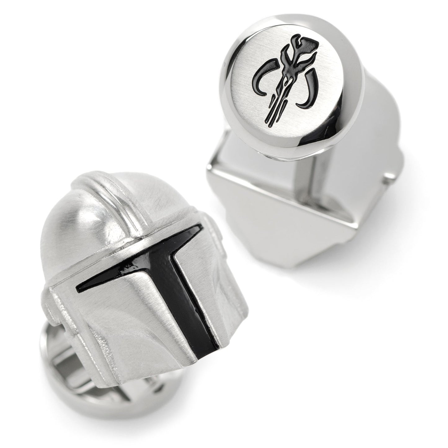 The Star Wars Mandalorian 3D Cufflinks by Cufflinks.com showcase a silver stainless steel Mandalorian helmet with black visor details, displayed on a white background.