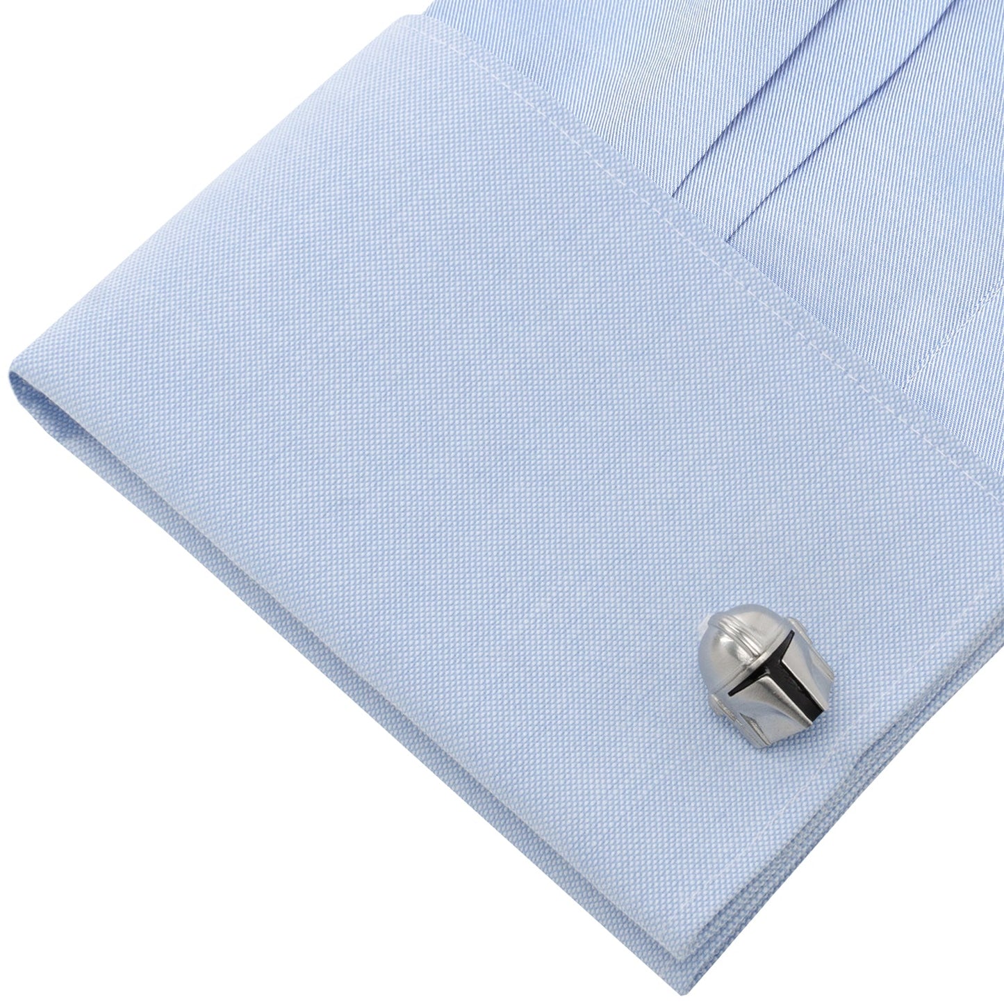 The Star Wars Mandalorian 3D Cufflinks by Cufflinks.com showcase a silver stainless steel Mandalorian helmet with black visor details, displayed on a white background.