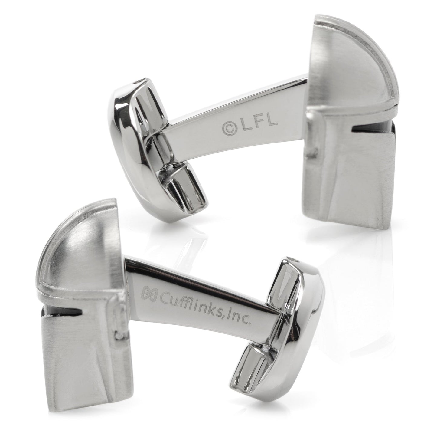 The Star Wars Mandalorian 3D Cufflinks by Cufflinks.com showcase a silver stainless steel Mandalorian helmet with black visor details, displayed on a white background.