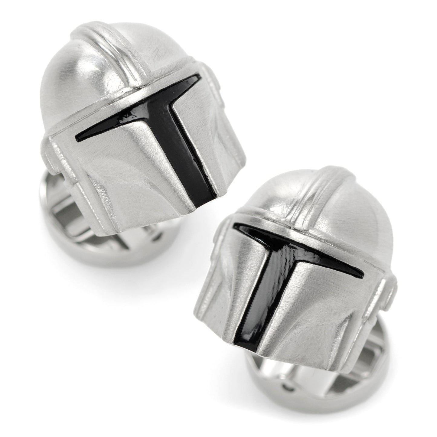The Star Wars Mandalorian 3D Cufflinks by Cufflinks.com showcase a silver stainless steel Mandalorian helmet with black visor details, displayed on a white background.