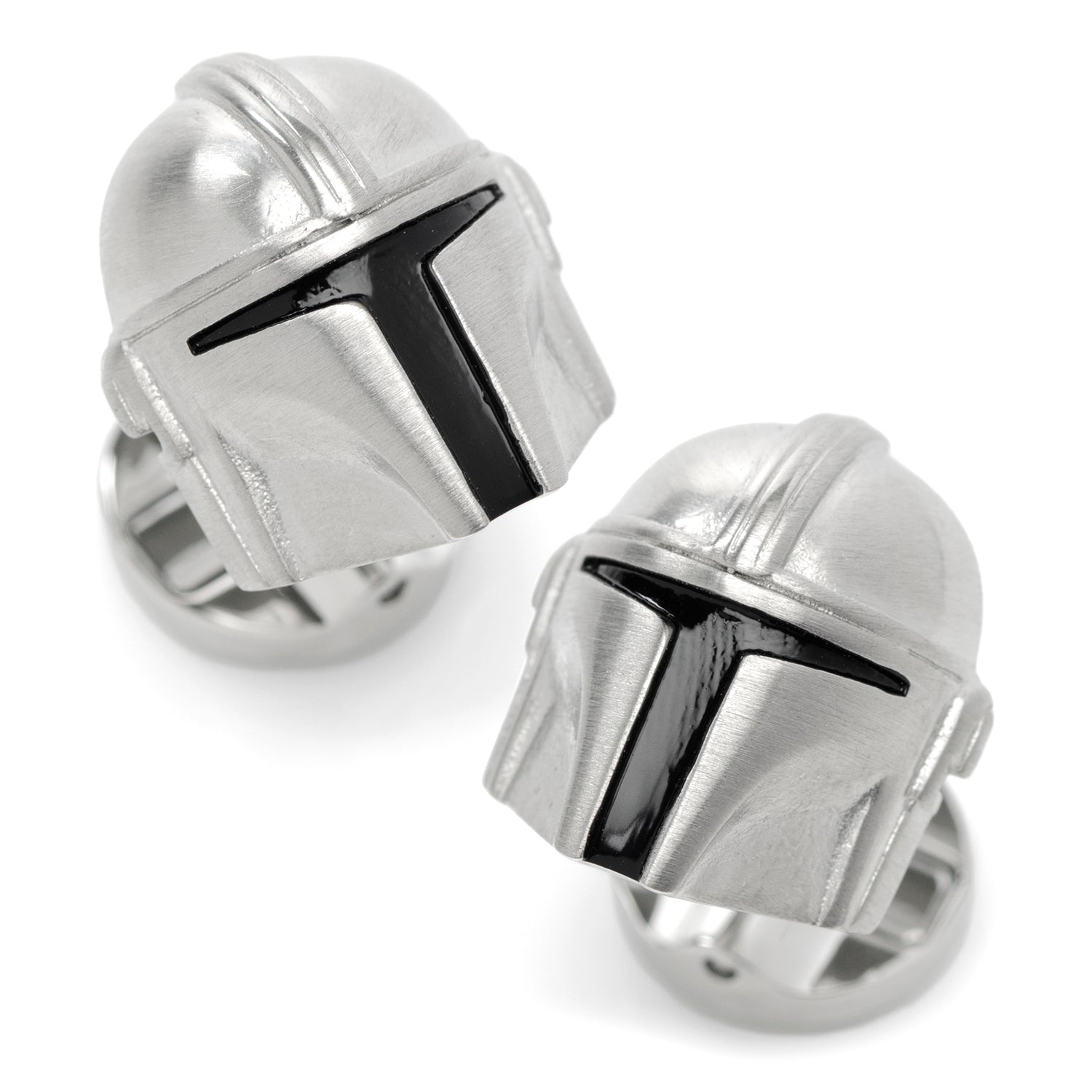 The Star Wars Mandalorian 3D Cufflinks by Cufflinks.com showcase a silver stainless steel Mandalorian helmet with black visor details, displayed on a white background.