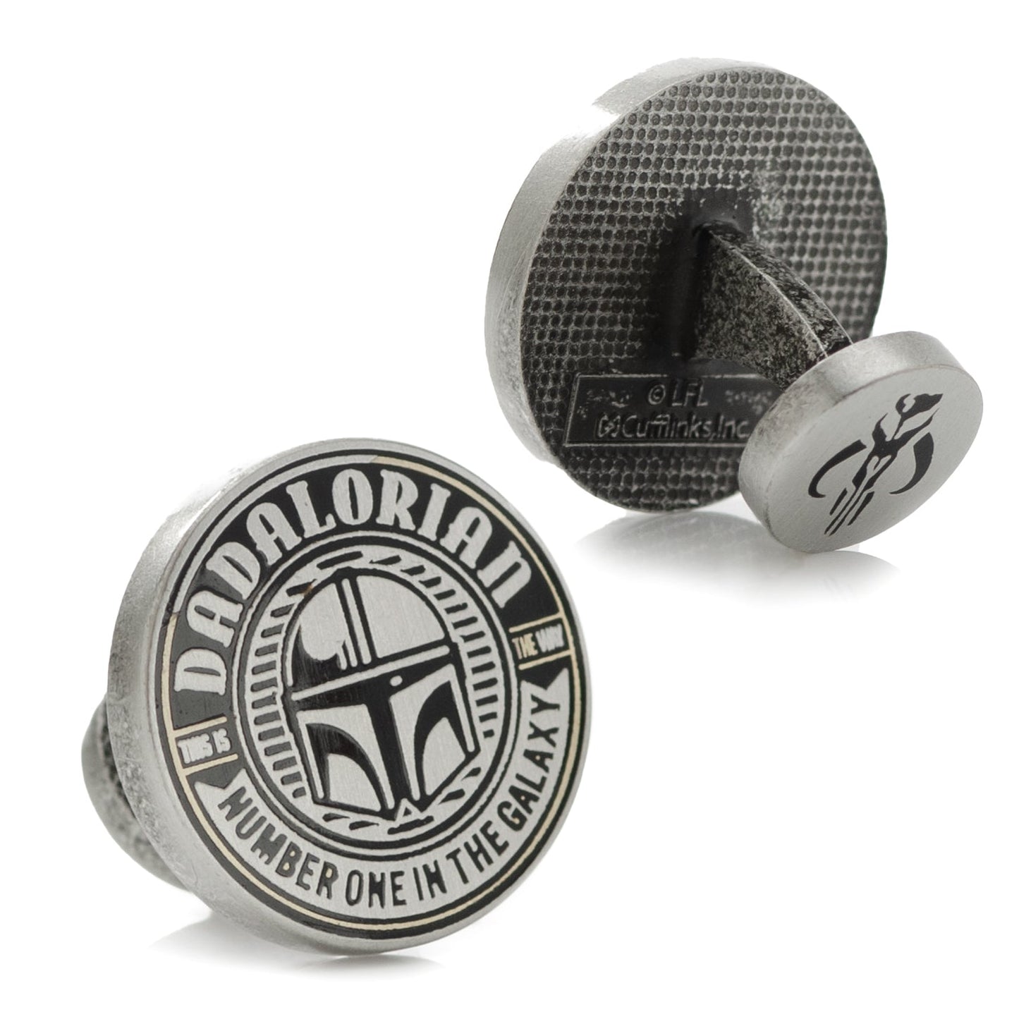 Star Wars Dadalorian Cufflinks by Cufflinks.com feature round metal links with "DADALORIAN NUMBER ONE IN THE GALAXY" and a Mandalorian helmet—ideal Father's Day or Mandalorian gifts for any dad.