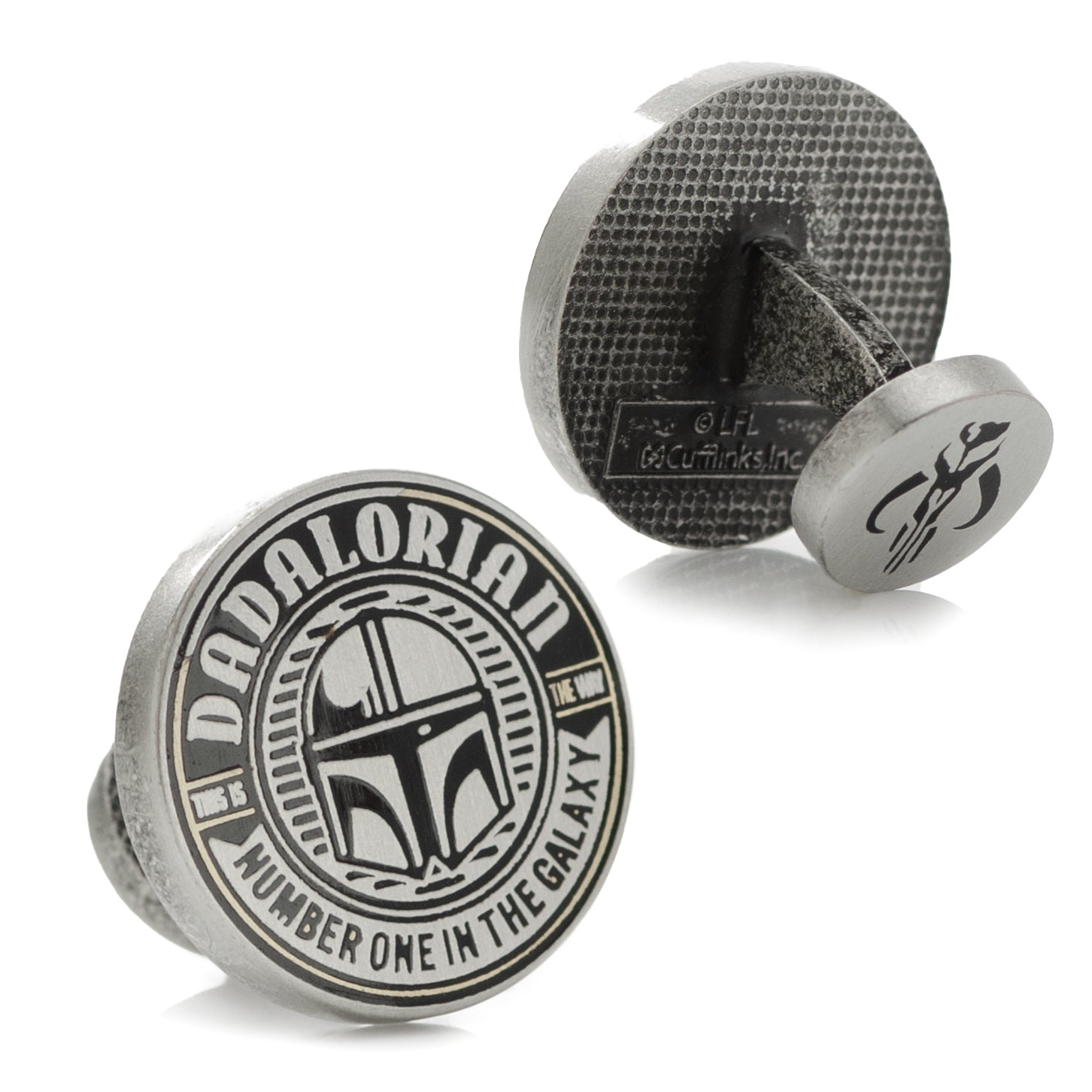 Star Wars Dadalorian Cufflinks by Cufflinks.com feature round metal links with "DADALORIAN NUMBER ONE IN THE GALAXY" and a Mandalorian helmet—ideal Father's Day or Mandalorian gifts for any dad.