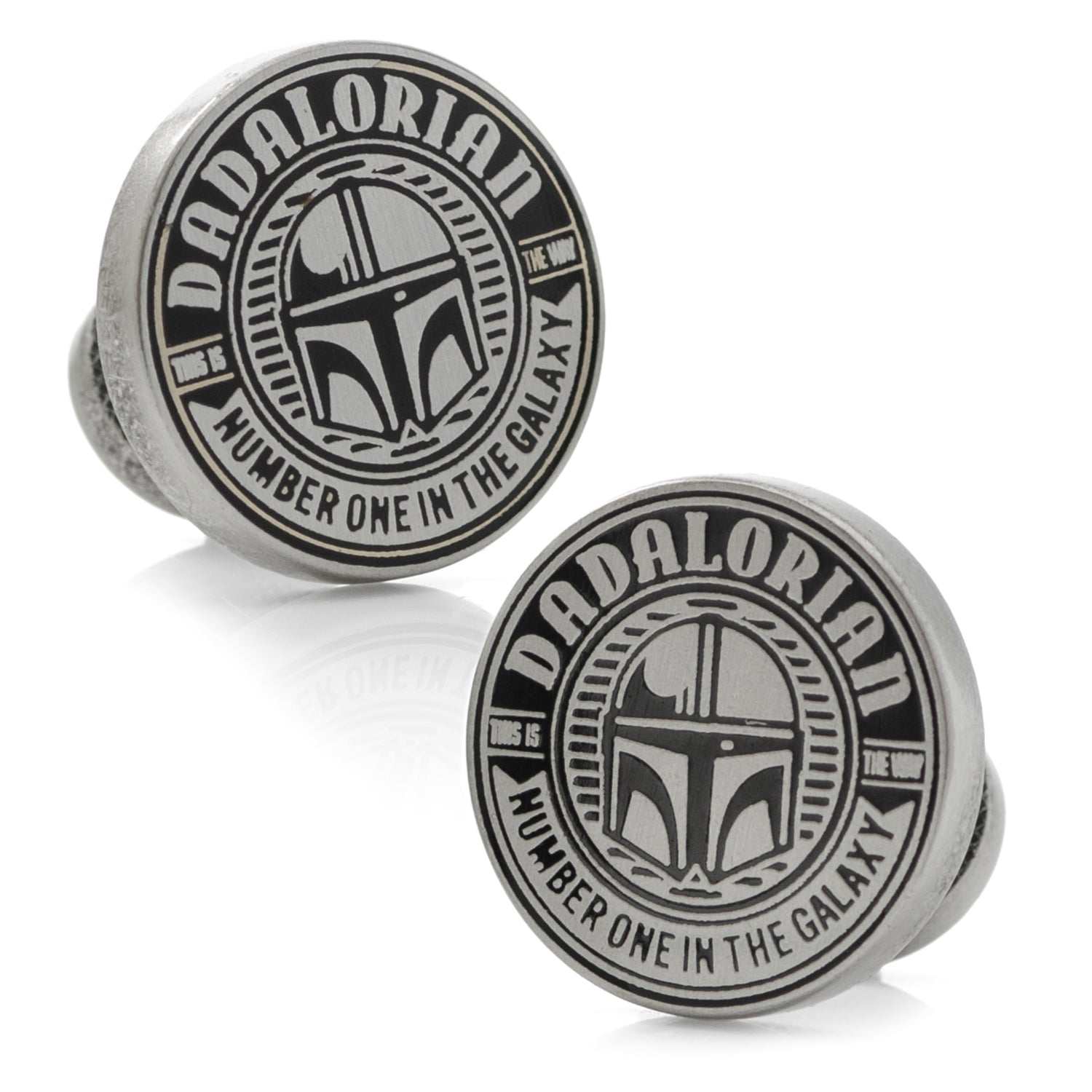 Star Wars Dadalorian Cufflinks by Cufflinks.com feature round metal links with "DADALORIAN NUMBER ONE IN THE GALAXY" and a Mandalorian helmet—ideal Father's Day or Mandalorian gifts for any dad.
