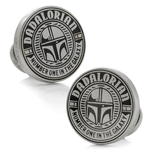 Star Wars Dadalorian Cufflinks by Cufflinks.com feature round metal links with "DADALORIAN NUMBER ONE IN THE GALAXY" and a Mandalorian helmet—ideal Father's Day or Mandalorian gifts for any dad.