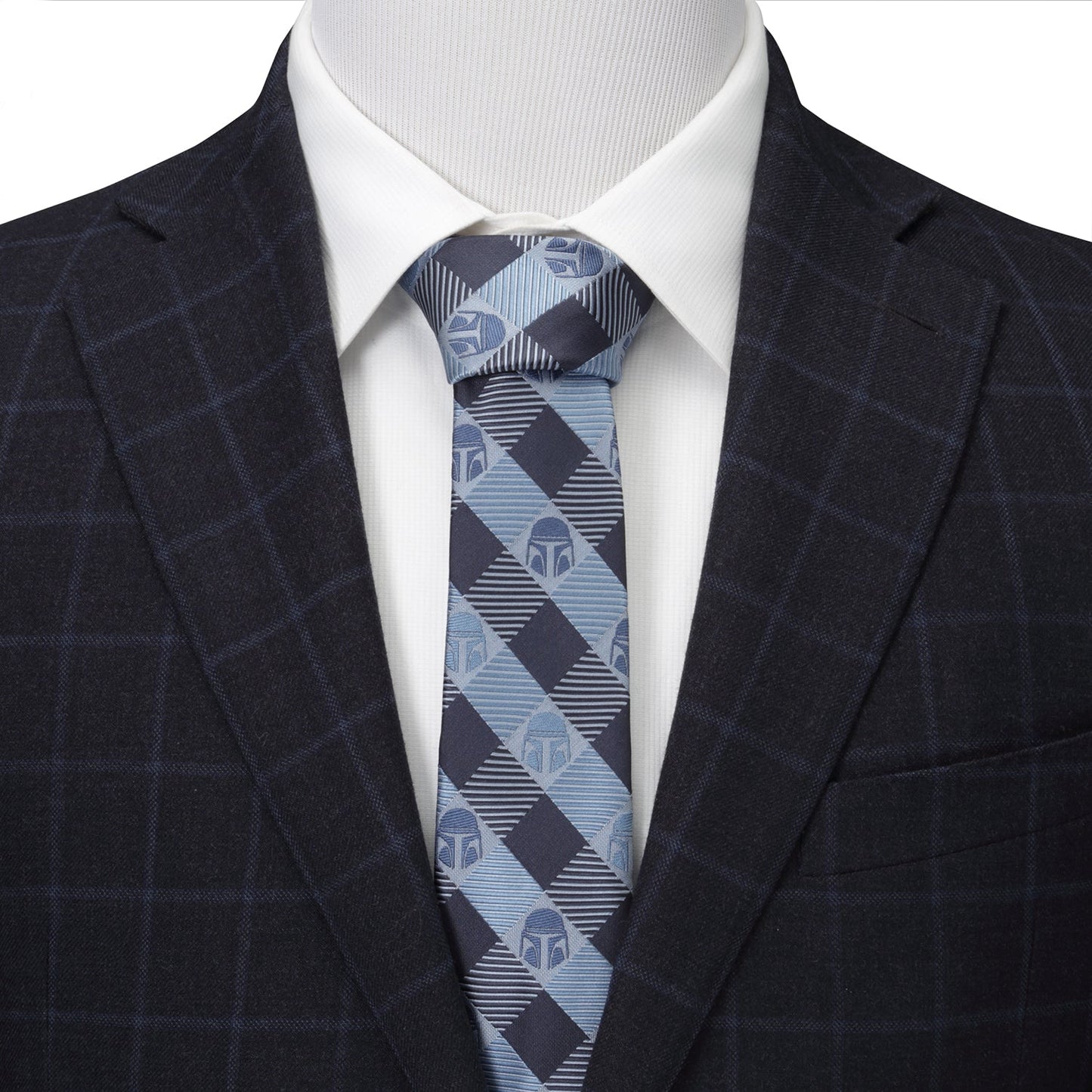The Star Wars Mandalorian Blue and Black Plaid Tie by Cufflinks.com is a stylish office accessory for men, featuring subtle Mandalorian helmet patterns—perfect for any Star Wars fan's collection.