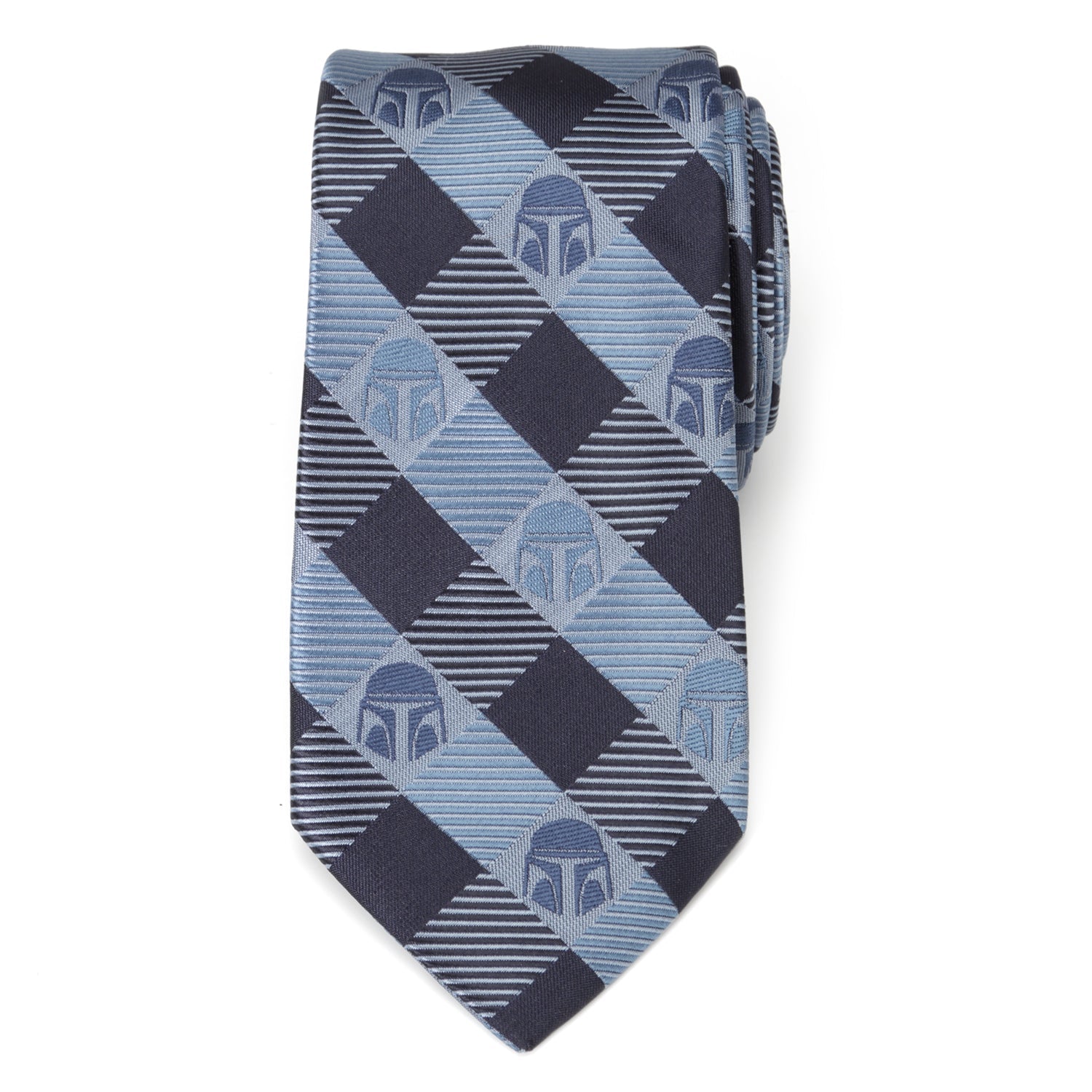 The Star Wars Mandalorian Blue and Black Plaid Tie by Cufflinks.com is a stylish office accessory for men, featuring subtle Mandalorian helmet patterns—perfect for any Star Wars fan's collection.