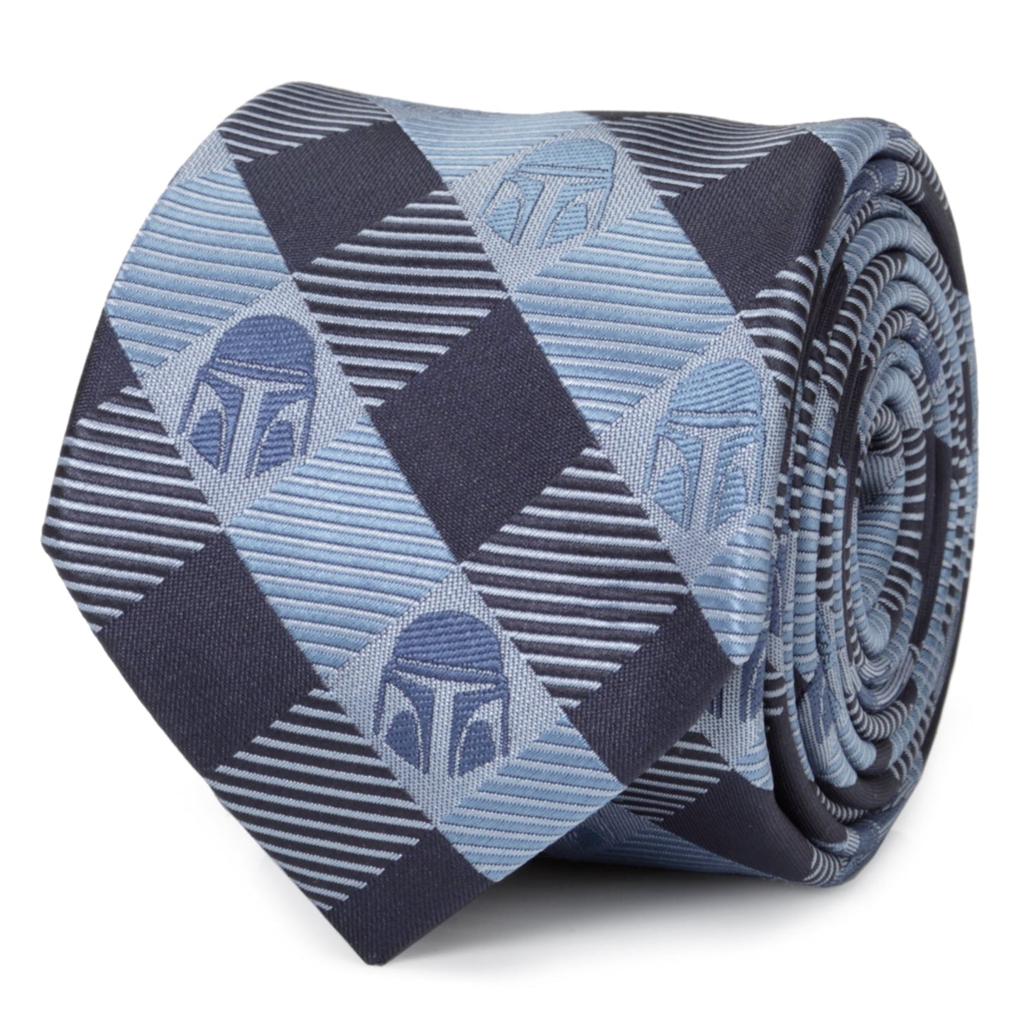 The Star Wars Mandalorian Blue and Black Plaid Tie by Cufflinks.com is a stylish office accessory for men, featuring subtle Mandalorian helmet patterns—perfect for any Star Wars fan's collection.