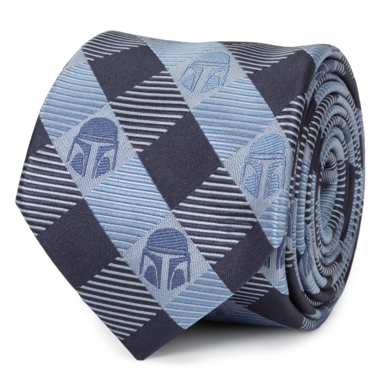 The Star Wars Mandalorian Blue and Black Plaid Tie by Cufflinks.com is a stylish office accessory for men, featuring subtle Mandalorian helmet patterns—perfect for any Star Wars fan's collection.