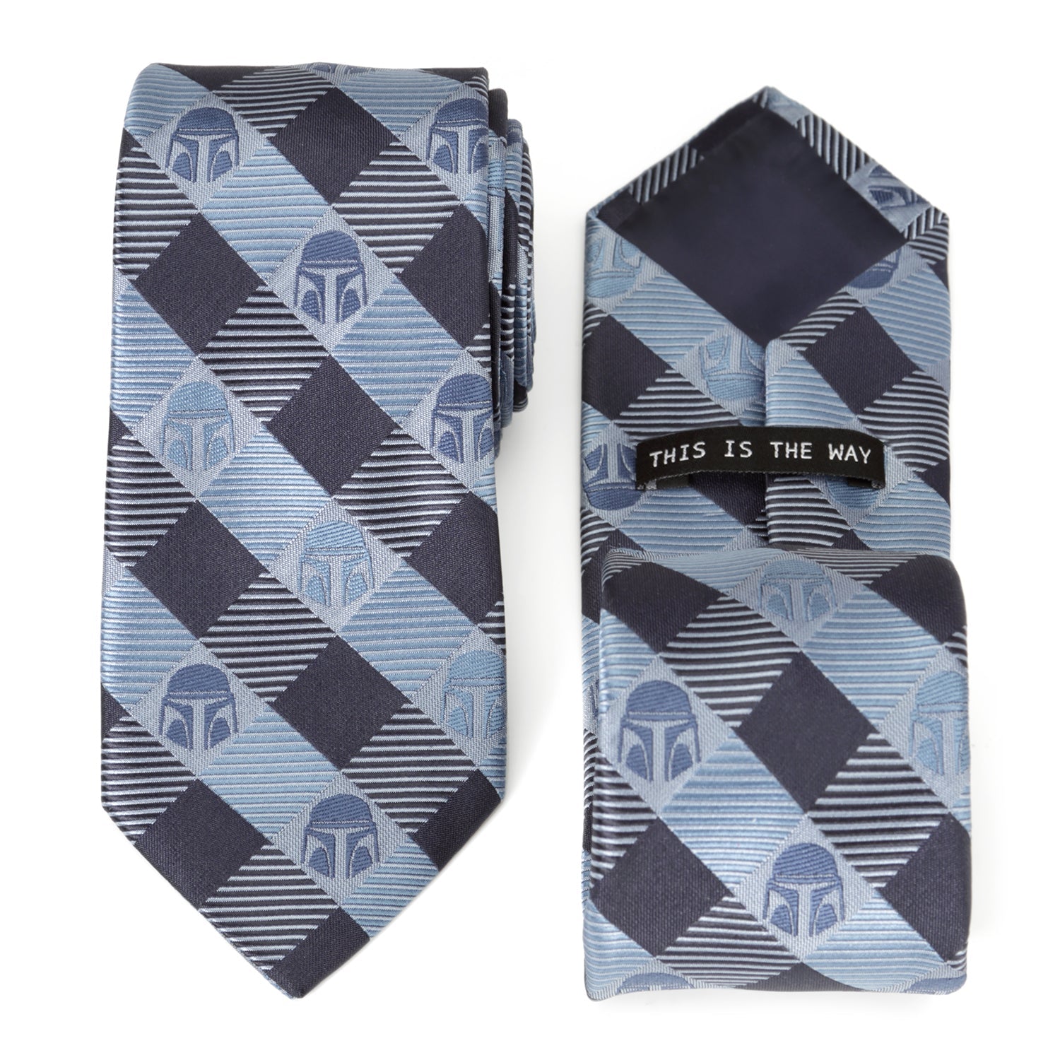 The Star Wars Mandalorian Blue and Black Plaid Tie by Cufflinks.com is a stylish office accessory for men, featuring subtle Mandalorian helmet patterns—perfect for any Star Wars fan's collection.