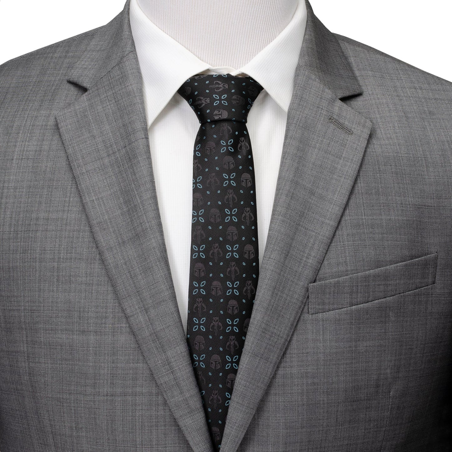 The Star Wars Mandalorian Motif Black Tie by Cufflinks.com features subtle helmet and icon designs, with "THIS IS THE WAY" stitched underneath. Officially licensed by Lucasfilm.