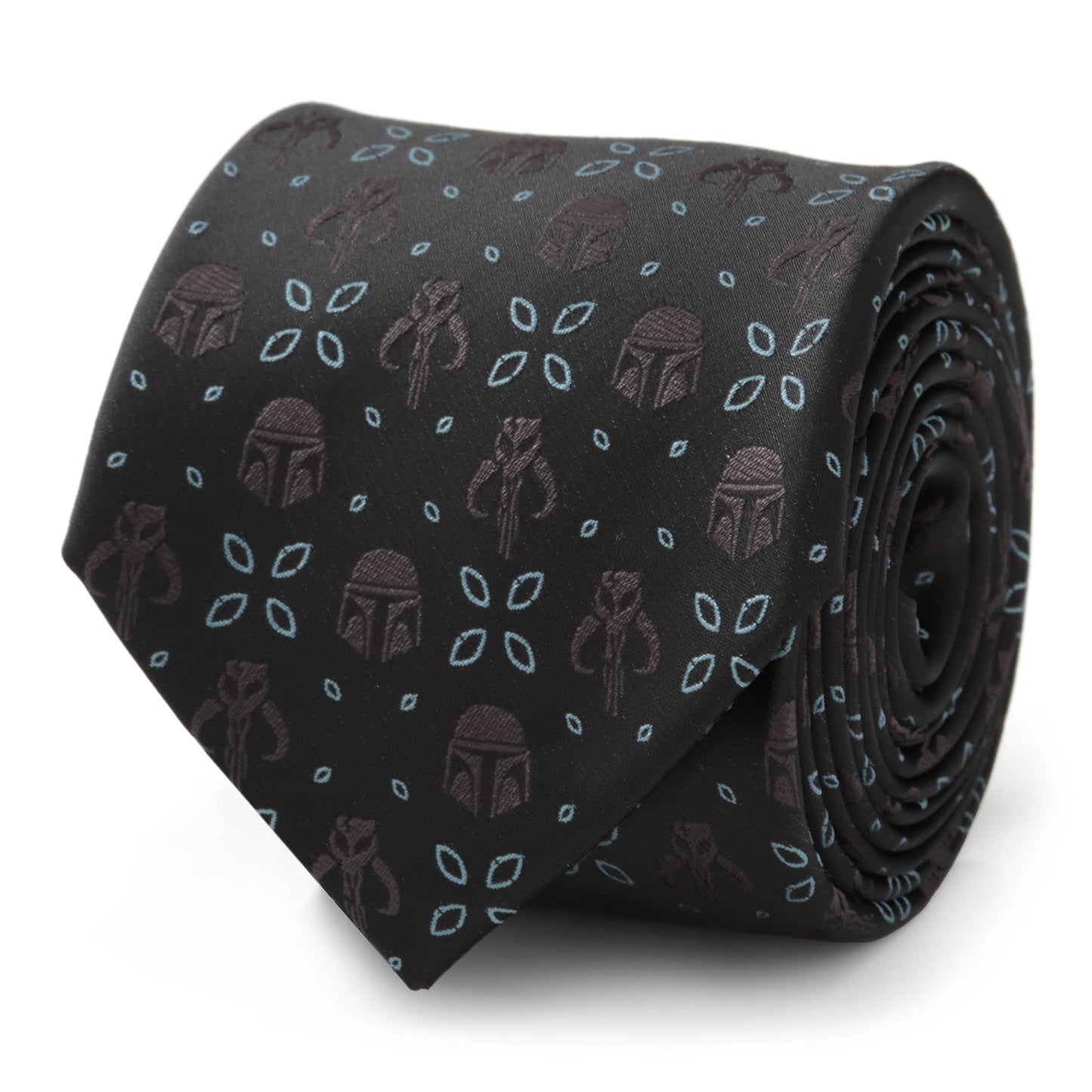 The Star Wars Mandalorian Motif Black Tie by Cufflinks.com features subtle helmet and icon designs, with "THIS IS THE WAY" stitched underneath. Officially licensed by Lucasfilm.