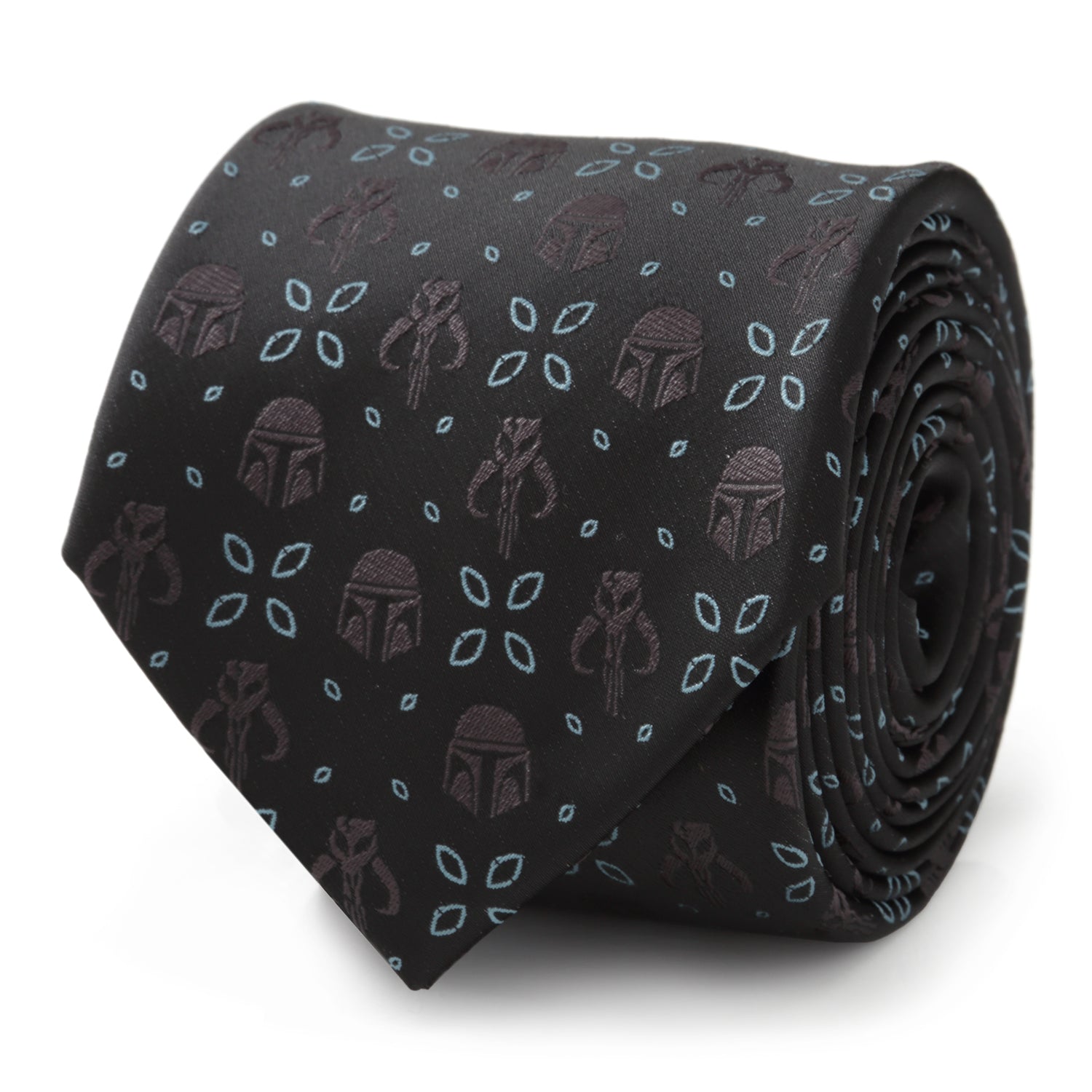 The Star Wars Mandalorian Motif Black Tie by Cufflinks.com features subtle helmet and icon designs, with "THIS IS THE WAY" stitched underneath. Officially licensed by Lucasfilm.