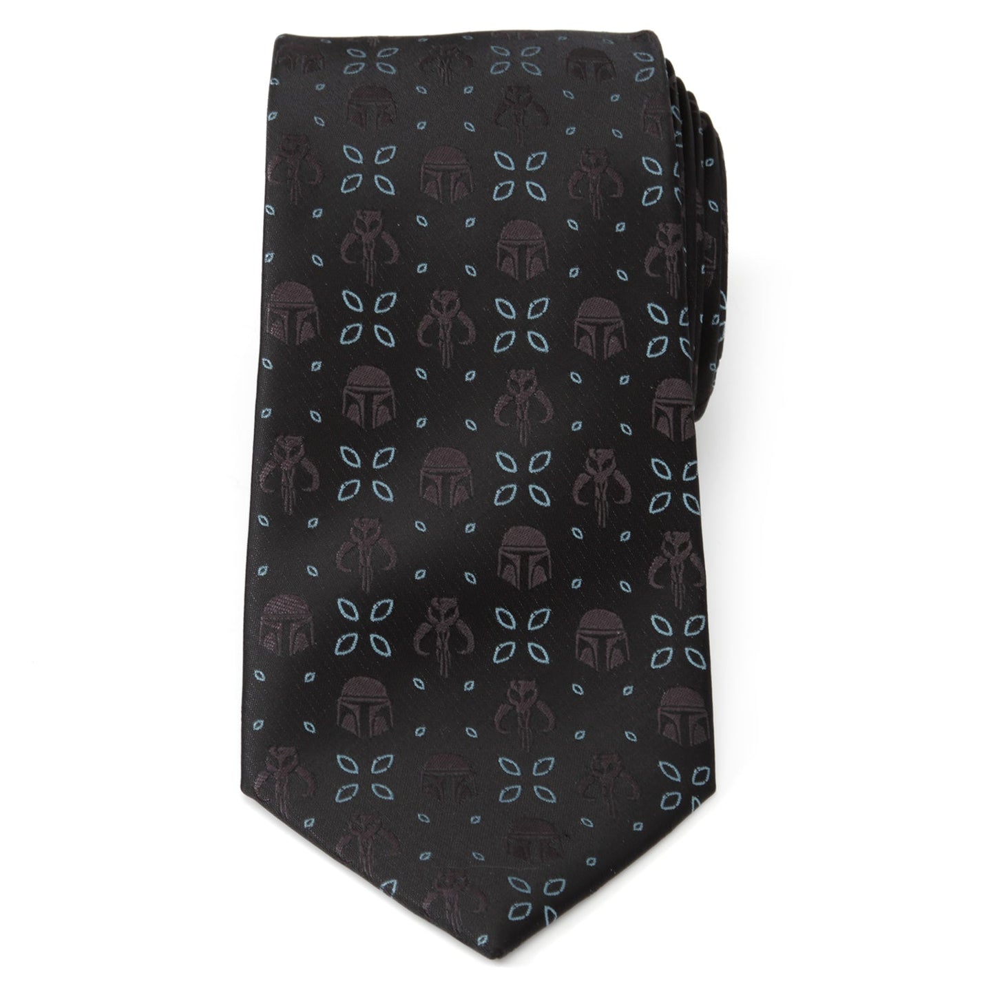 The Star Wars Mandalorian Motif Black Tie by Cufflinks.com features subtle helmet and icon designs, with "THIS IS THE WAY" stitched underneath. Officially licensed by Lucasfilm.