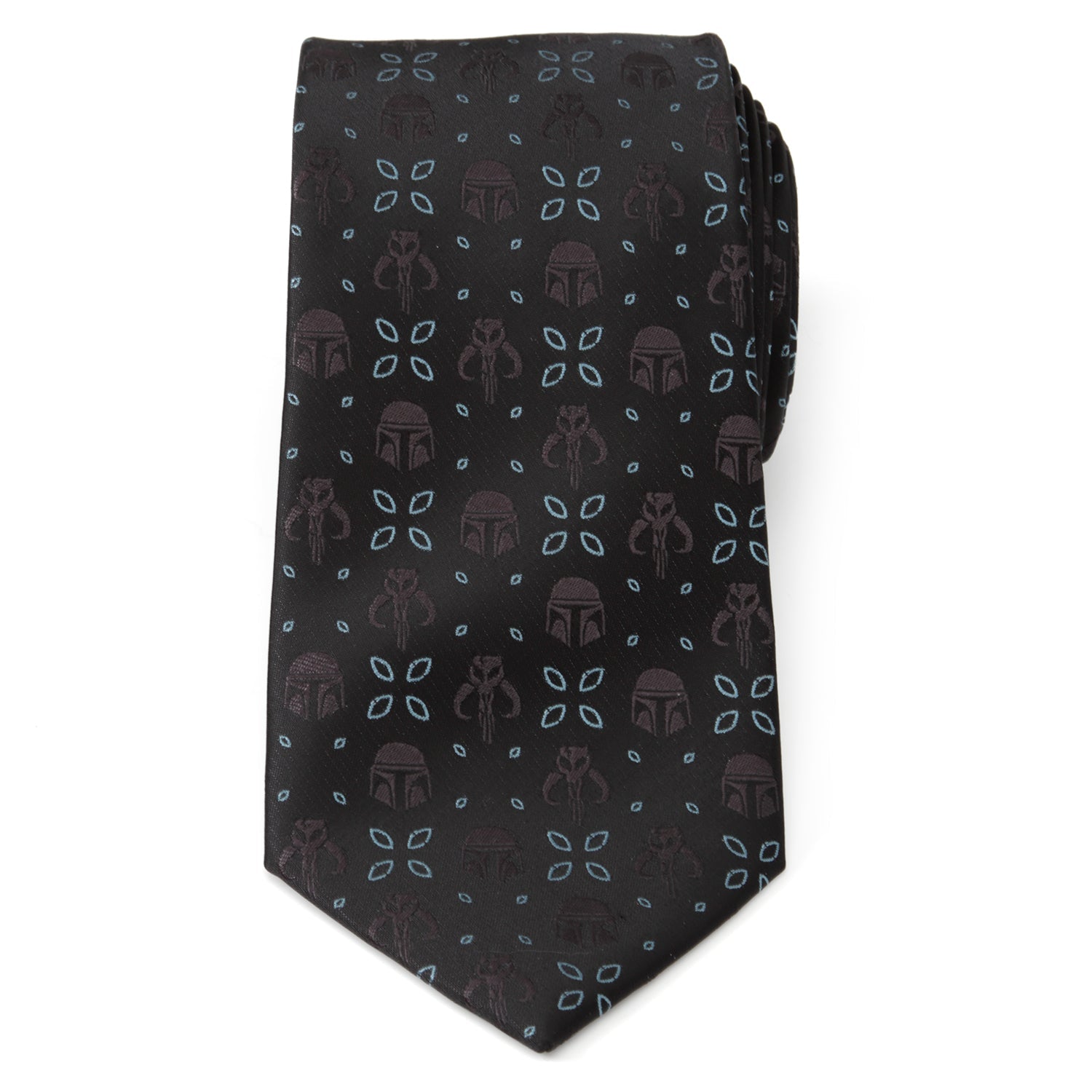 The Star Wars Mandalorian Motif Black Tie by Cufflinks.com features subtle helmet and icon designs, with "THIS IS THE WAY" stitched underneath. Officially licensed by Lucasfilm.