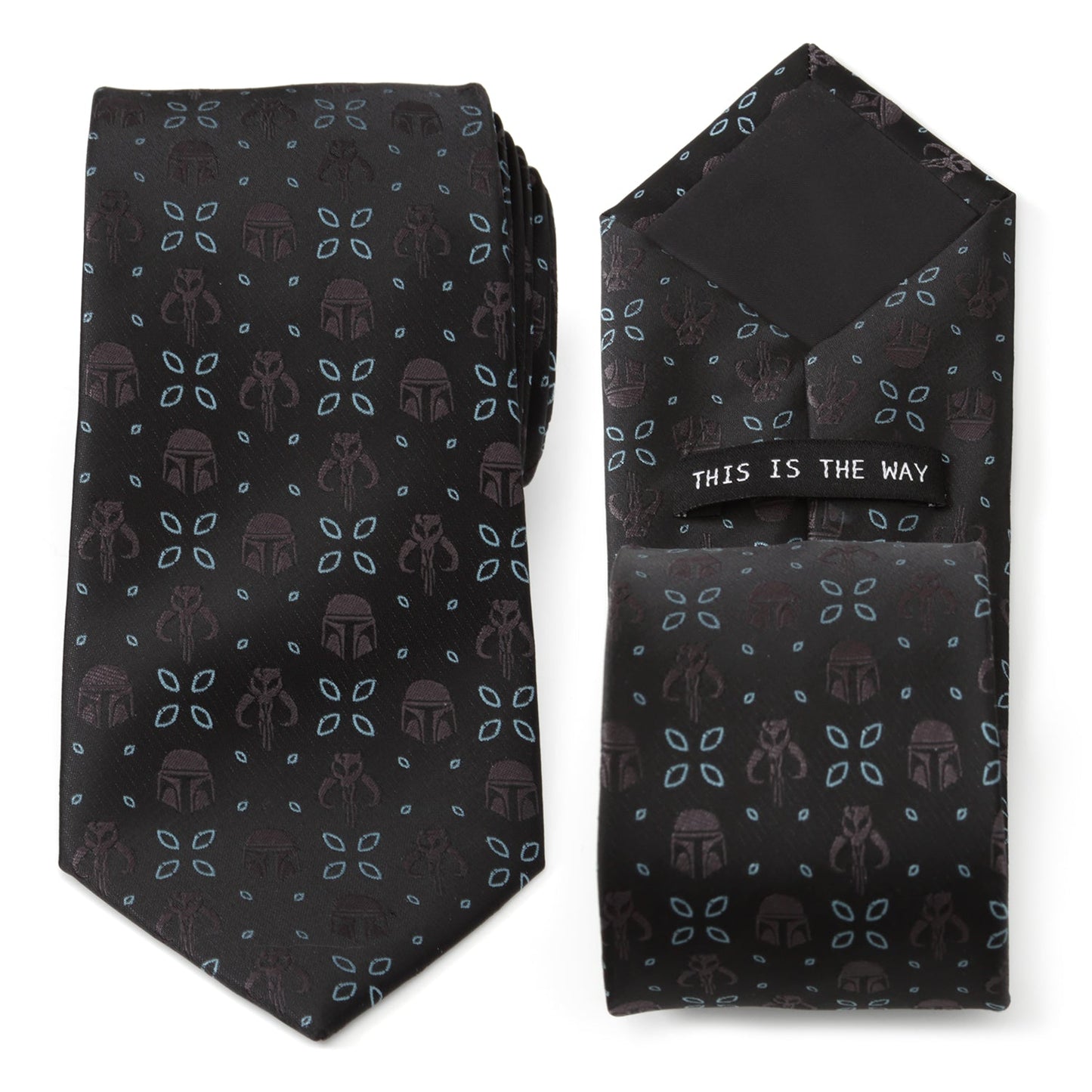 The Star Wars Mandalorian Motif Black Tie by Cufflinks.com features subtle helmet and icon designs, with "THIS IS THE WAY" stitched underneath. Officially licensed by Lucasfilm.