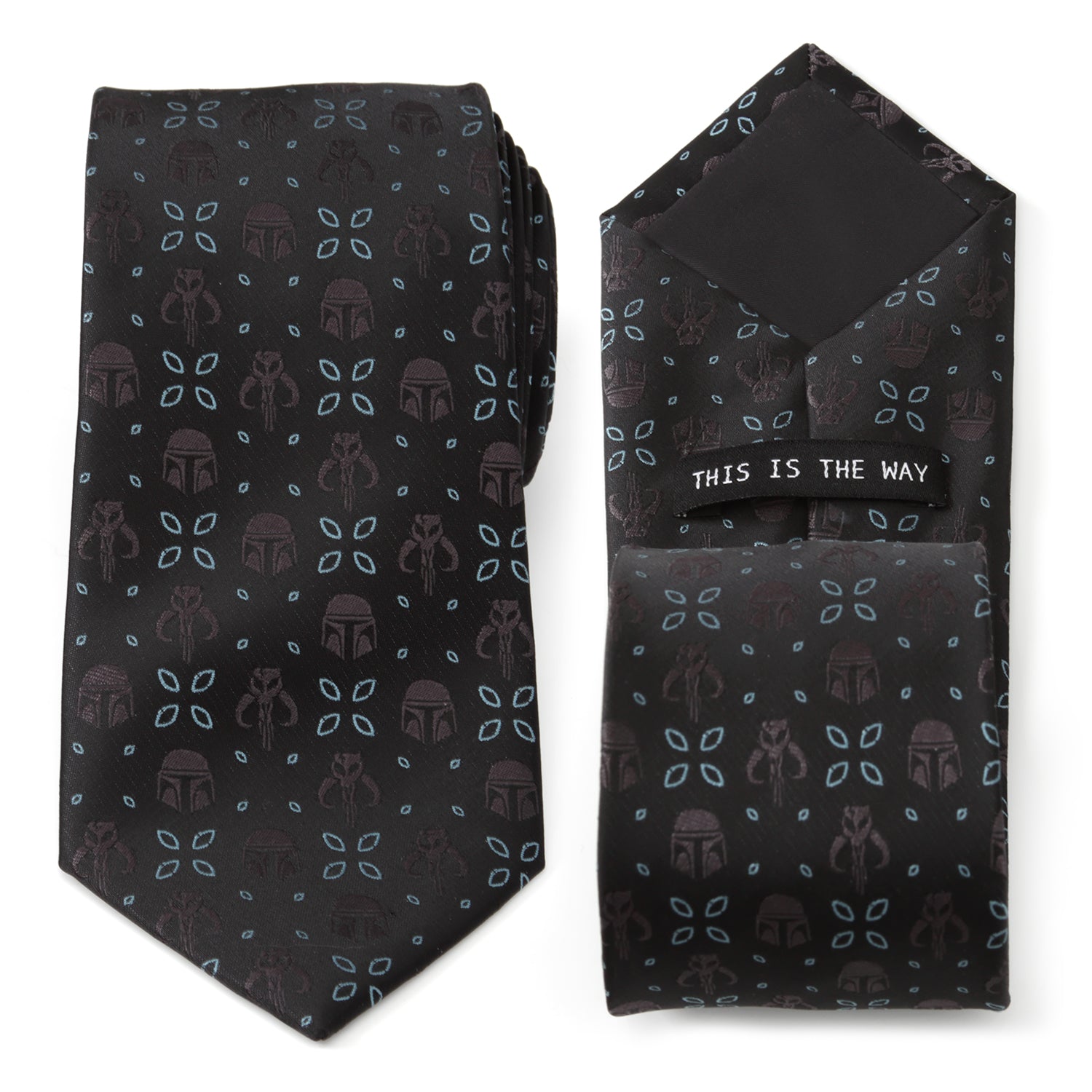The Star Wars Mandalorian Motif Black Tie by Cufflinks.com features subtle helmet and icon designs, with "THIS IS THE WAY" stitched underneath. Officially licensed by Lucasfilm.