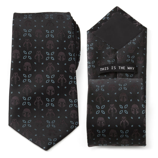 The Star Wars Mandalorian Motif Black Tie by Cufflinks.com features subtle helmet and icon designs, with "THIS IS THE WAY" stitched underneath. Officially licensed by Lucasfilm.
