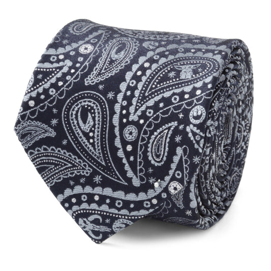 The Star Wars Mandalorian Blue Paisley Tie by Cufflinks.com features a subtle white pattern, making it an ideal accessory for fans wanting a classy nod to their favorite galaxy.