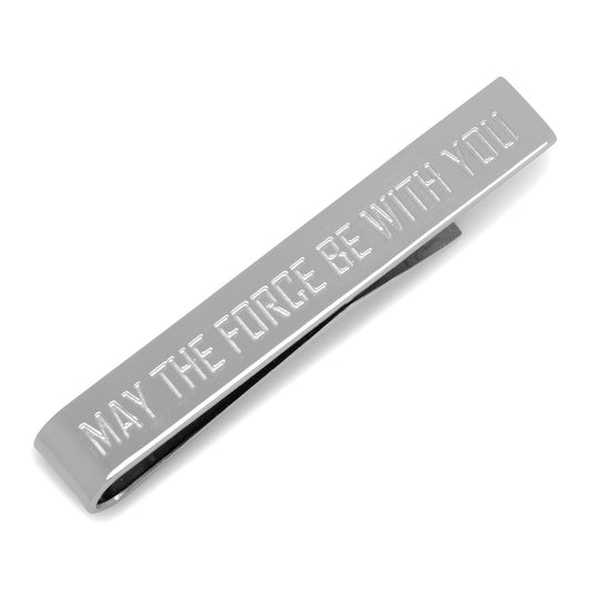 The Star Wars May The Force Be With You Tie Bar by Cufflinks.com features a polished silver finish and is engraved with "MAY THE FORCE BE WITH YOU" in bold capital letters.