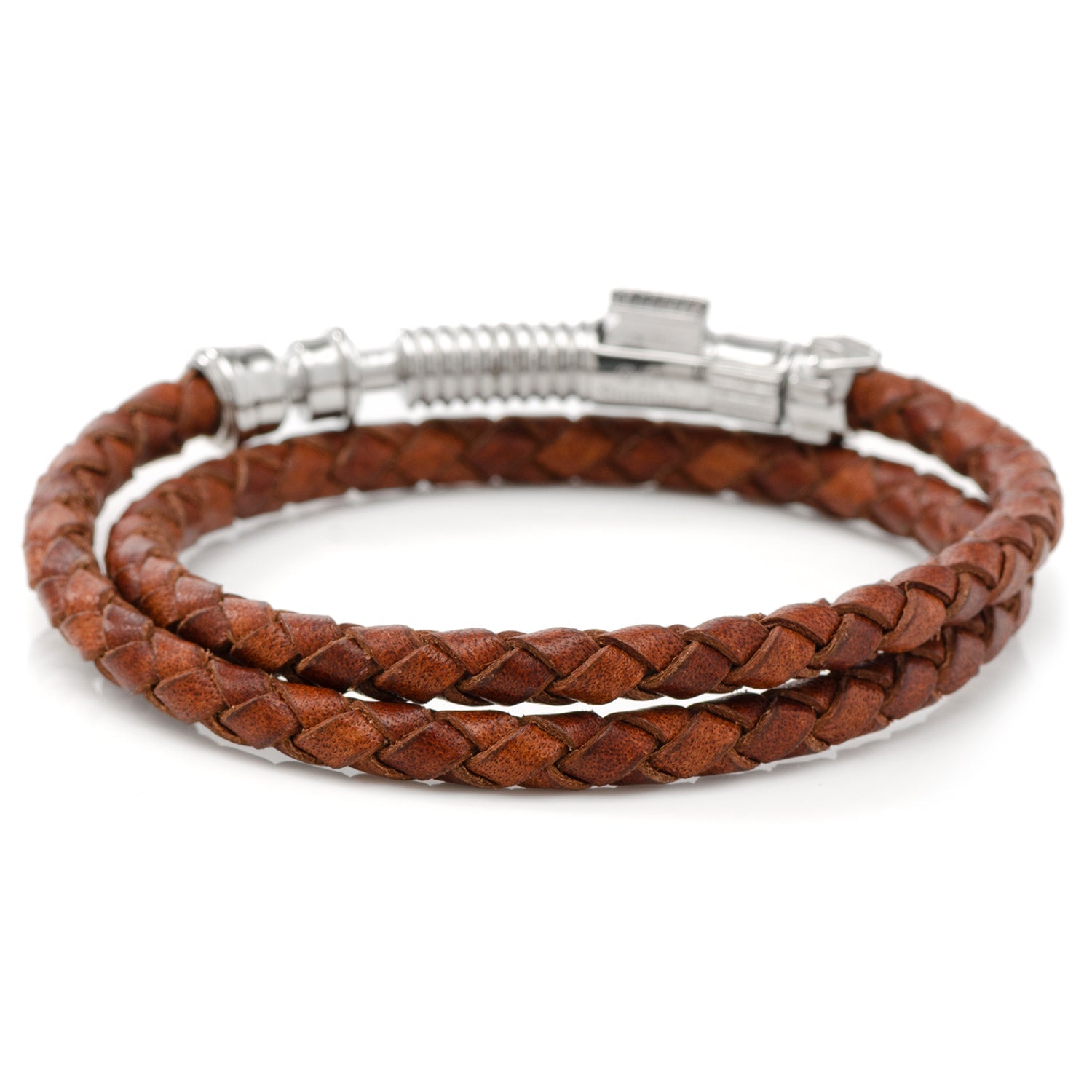 The Star Wars Obi-Wan Kenobi LIGHTSABER Bracelet by Cufflinks.com features brown braided leather and a lightsaber hilt clasp—a distinctive accessory for any Star Wars fan.