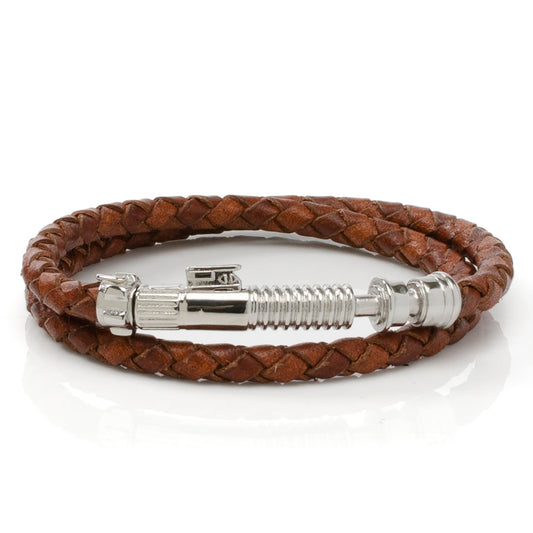 The Star Wars Obi-Wan Kenobi LIGHTSABER Bracelet by Cufflinks.com features brown braided leather and a lightsaber hilt clasp—a distinctive accessory for any Star Wars fan.