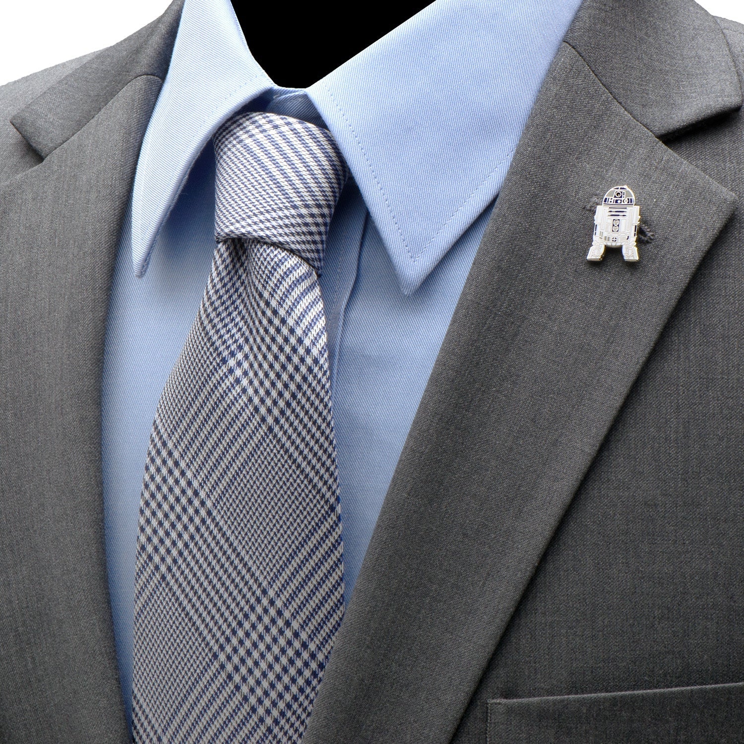 The Star Wars R2-D2 Lapel Pin by Cufflinks.com is a metal enamel pin shaped and colored like the iconic droid, with white, blue, and beige details.