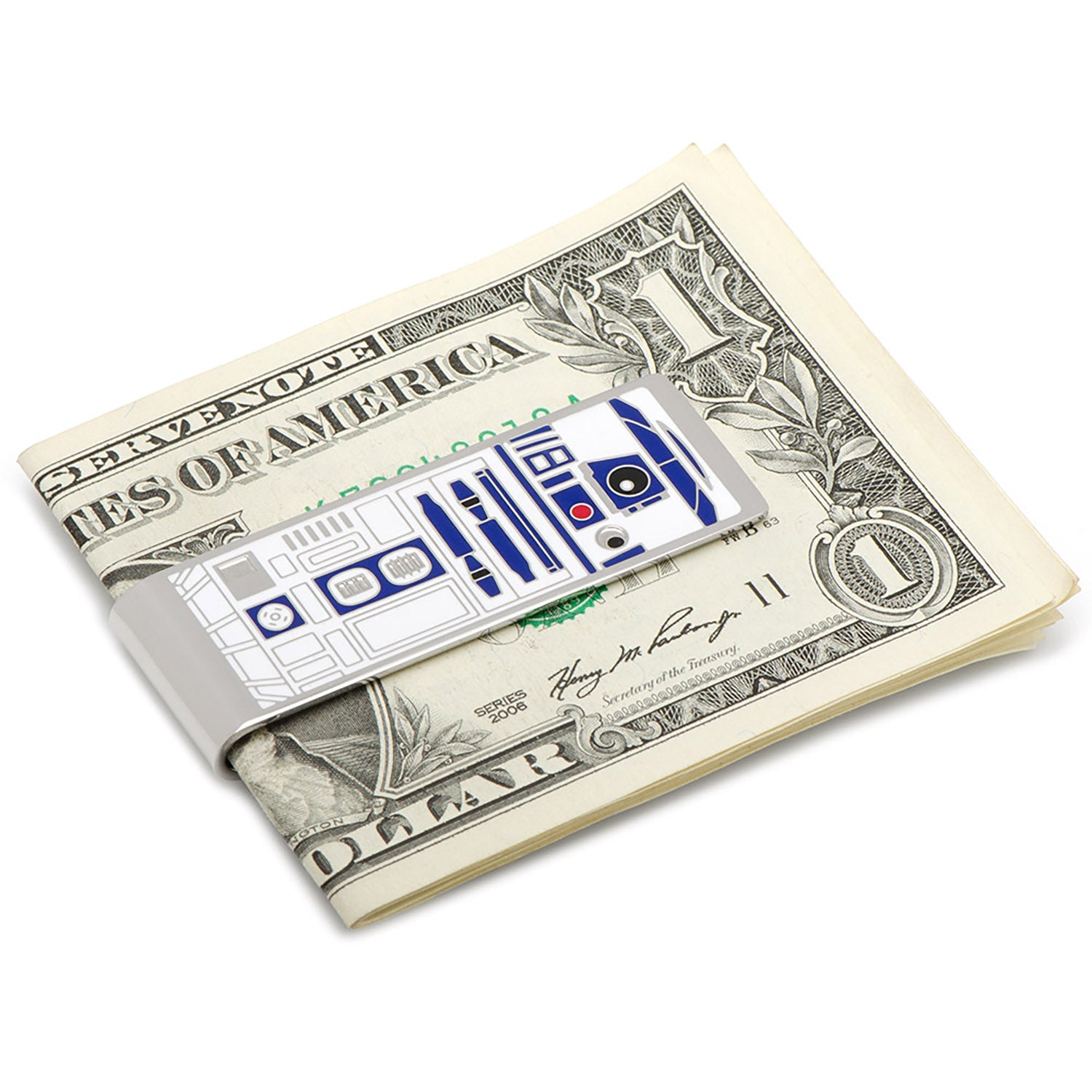 The Star Wars R2-D2 Money Clip by Cufflinks.com features silver-toned metal with blue, white, and black accents inspired by the iconic droid.