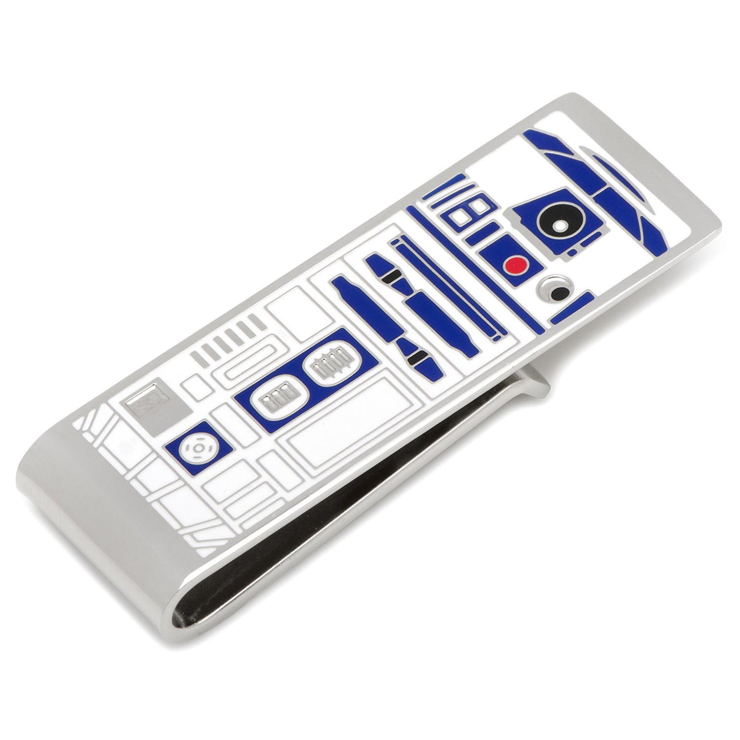 The Star Wars R2-D2 Money Clip by Cufflinks.com features silver-toned metal with blue, white, and black accents inspired by the iconic droid.