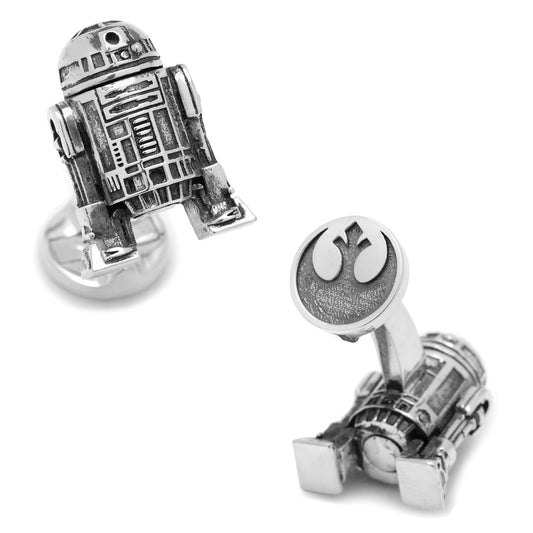 Star Wars R2-D2 3D Cufflinks by Cufflinks.com—features detailed R2-D2 replicas and the Rebel Alliance symbol on the back.