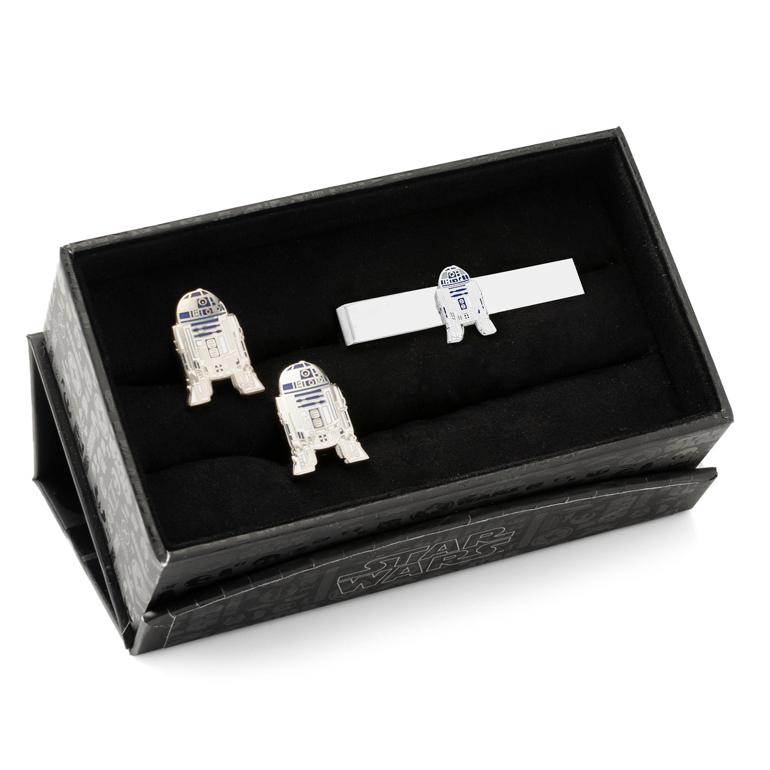 The Star Wars R2-D2 Cufflinks and Tie Bar Gift Set by Cufflinks.com features official Lucasfilm jewelry designs, showcased on a white background.