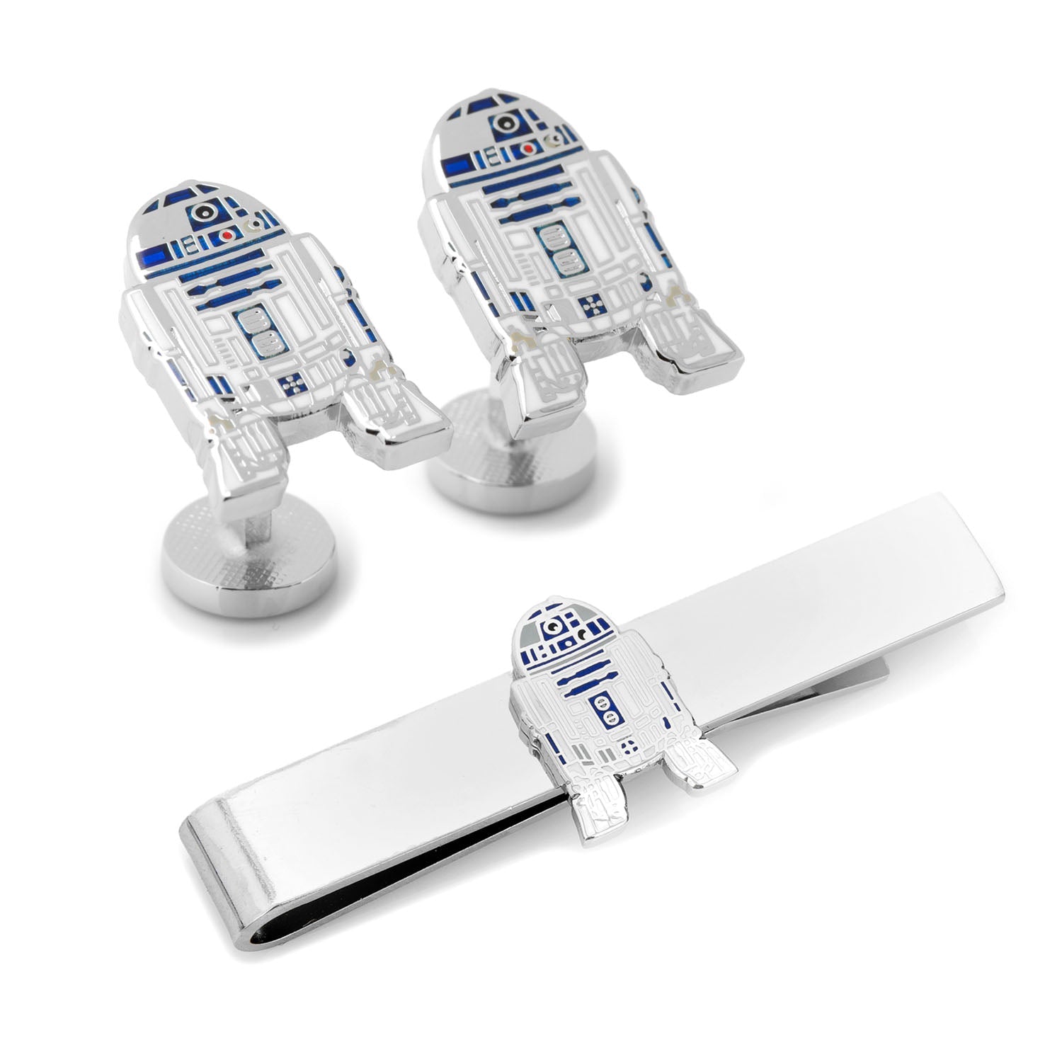 The Star Wars R2-D2 Cufflinks and Tie Bar Gift Set by Cufflinks.com features official Lucasfilm jewelry designs, showcased on a white background.