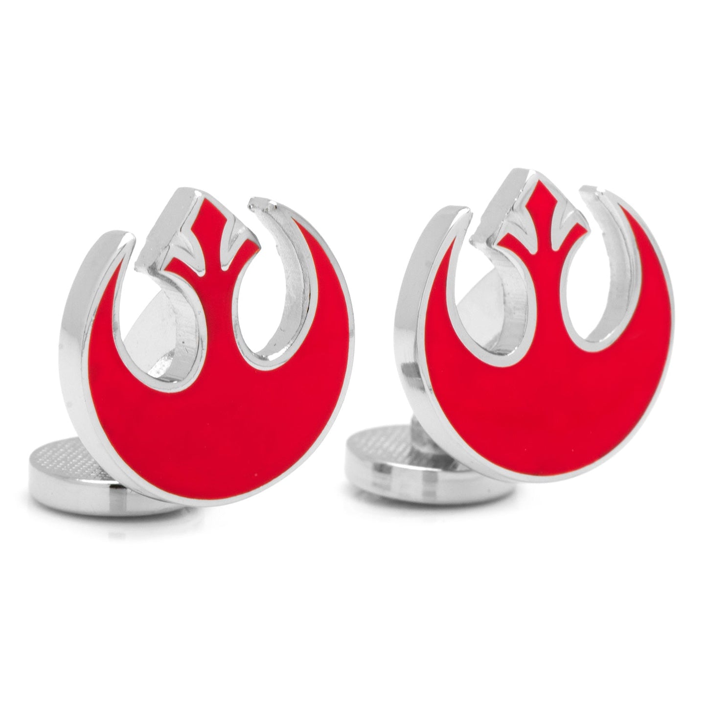 Star Wars Rebel Alliance Starbird Crest Red Cufflinks by Cufflinks.com feature the Phoenix emblem: one in vibrant red enamel, the other engraved, representing the Alliance to Restore the Republic.