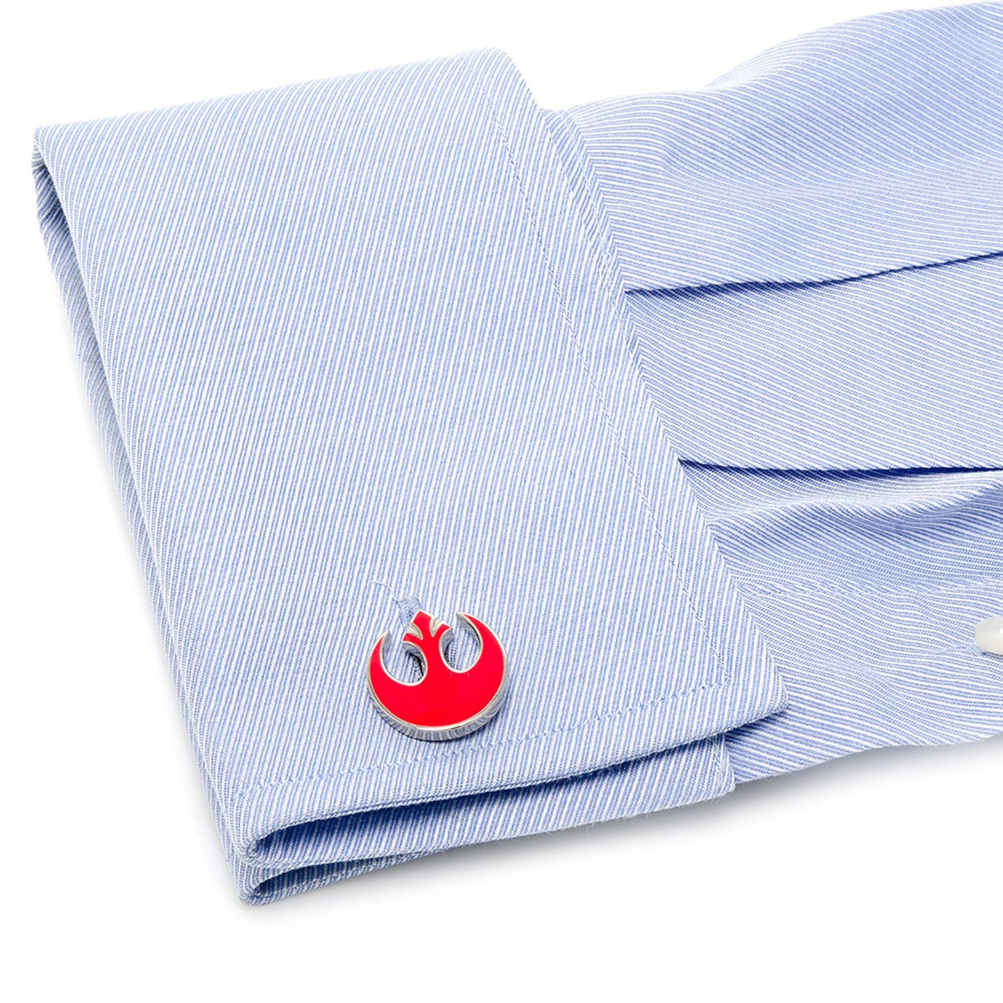 Star Wars Rebel Alliance Starbird Crest Red Cufflinks by Cufflinks.com feature the Phoenix emblem: one in vibrant red enamel, the other engraved, representing the Alliance to Restore the Republic.
