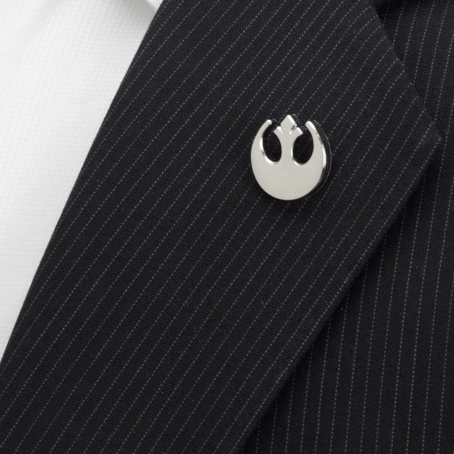The Cufflinks.com Star Wars Rebel Alliance Starbird Crest Silver Lapel Pin is a silver accessory shaped like the Rebel symbol, shown on a white background.