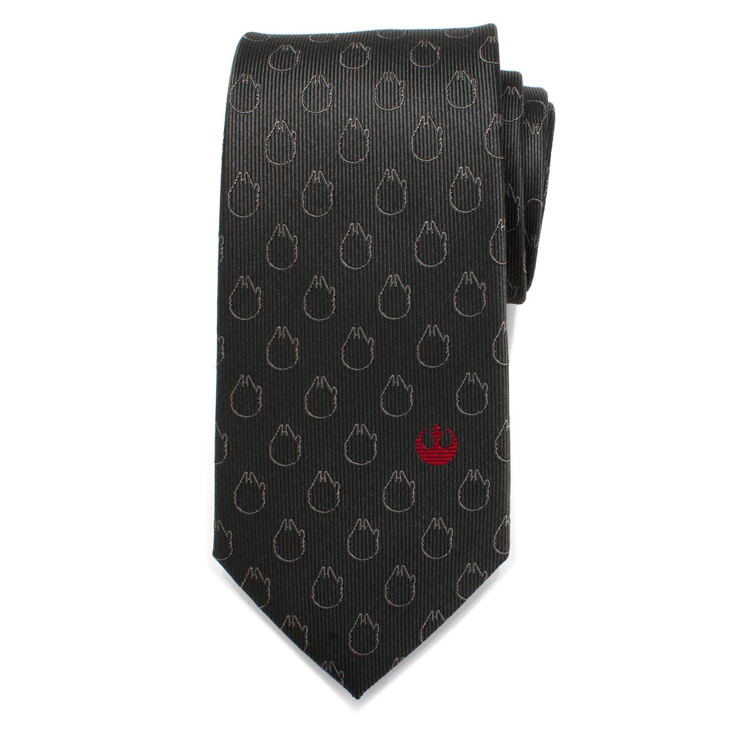 The Star Wars Rebel Alliance and Millennium Falcon Gray Tie with Red Crest by Cufflinks.com features repeating Millennium Falcon motifs and a red Rebel symbol near the tip.