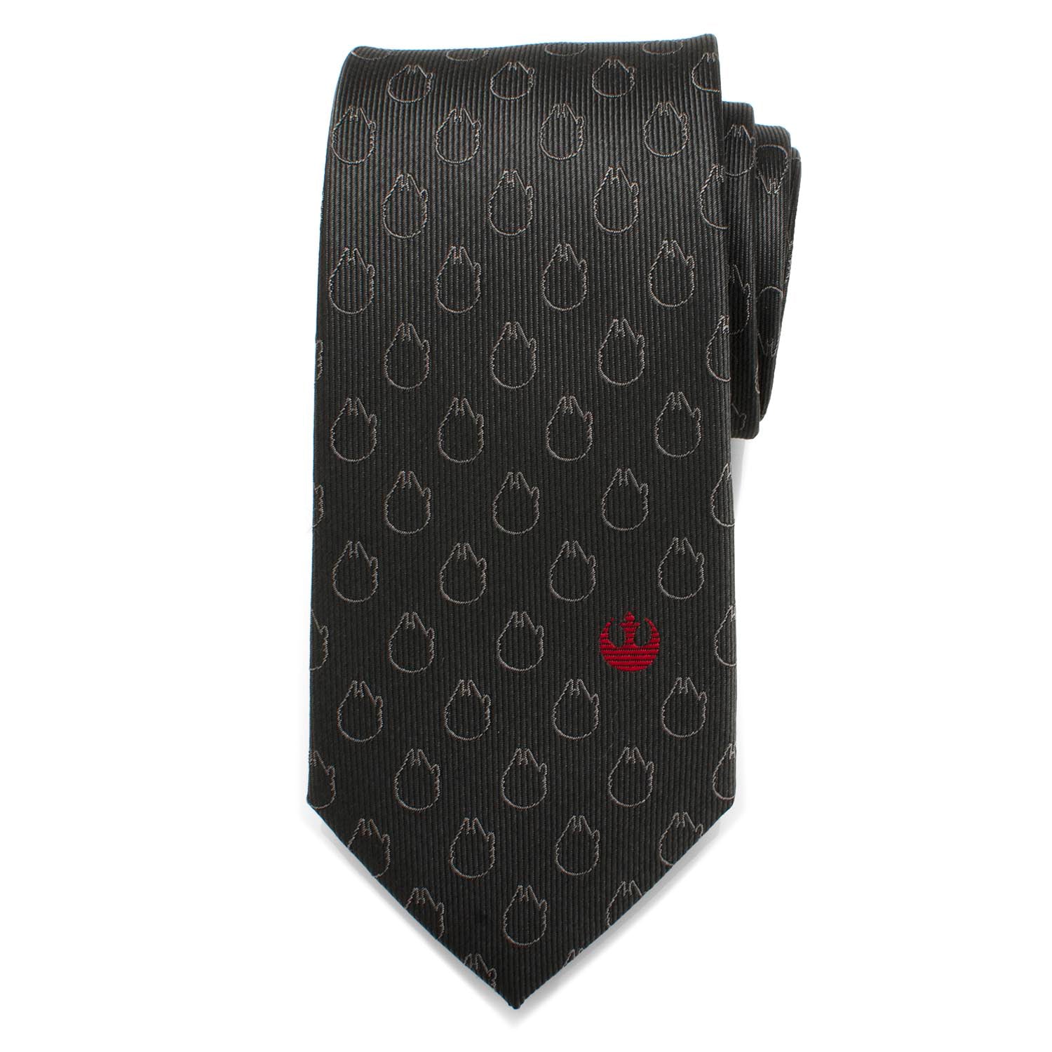The Star Wars Rebel Alliance and Millennium Falcon Gray Tie with Red Crest by Cufflinks.com features repeating Millennium Falcon motifs and a red Rebel symbol near the tip.