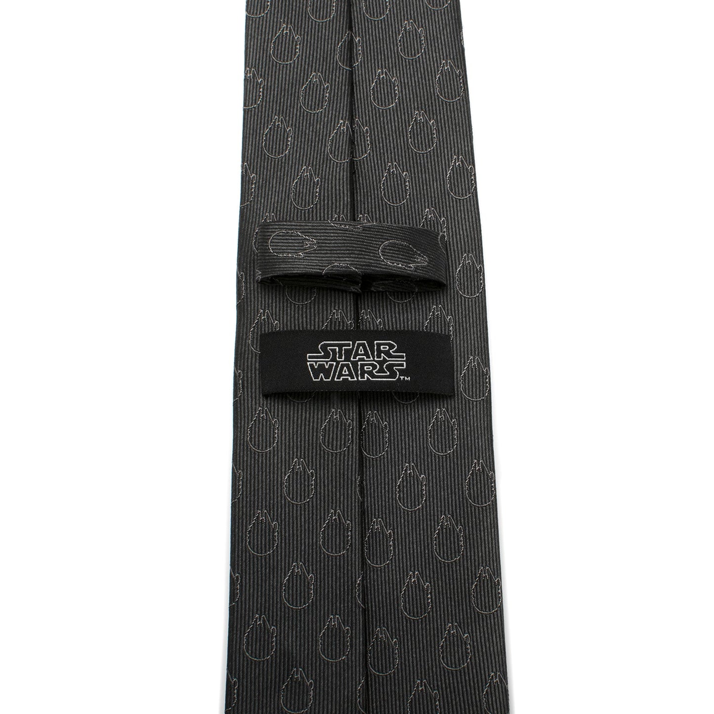 The Star Wars Rebel Alliance and Millennium Falcon Gray Tie with Red Crest by Cufflinks.com features repeating Millennium Falcon motifs and a red Rebel symbol near the tip.