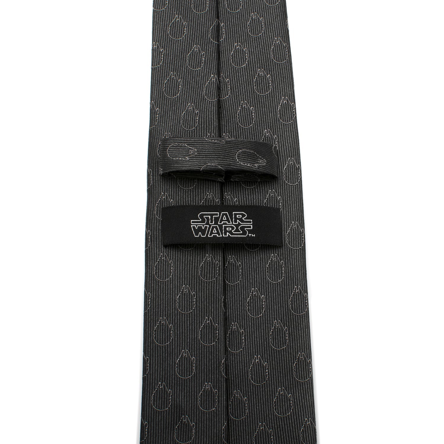 The Star Wars Rebel Alliance and Millennium Falcon Gray Tie with Red Crest by Cufflinks.com features repeating Millennium Falcon motifs and a red Rebel symbol near the tip.