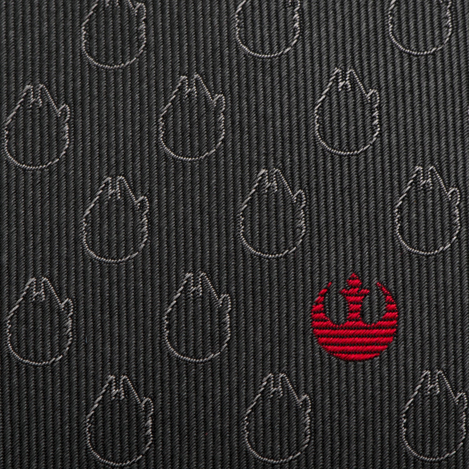 The Star Wars Rebel Alliance and Millennium Falcon Gray Tie with Red Crest by Cufflinks.com features repeating Millennium Falcon motifs and a red Rebel symbol near the tip.