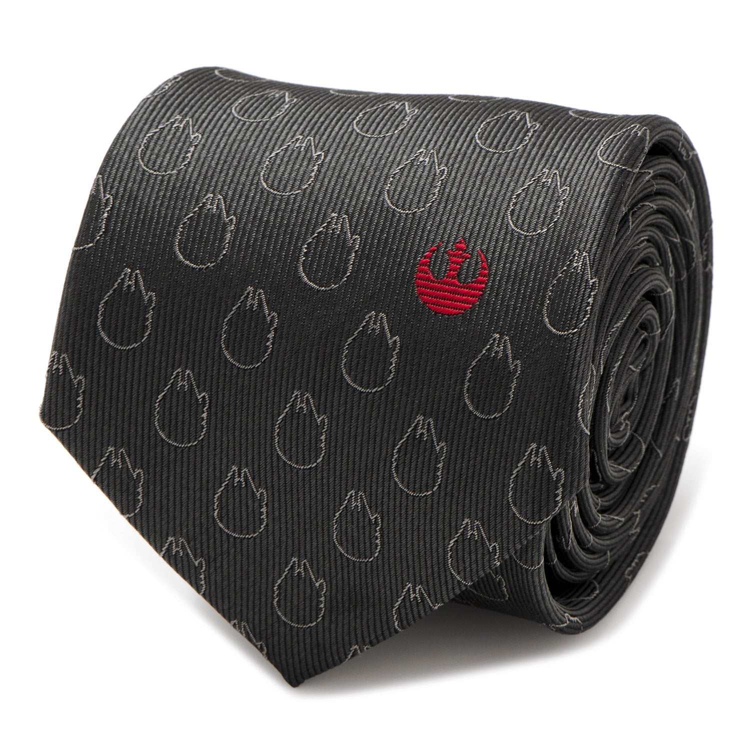 The Star Wars Rebel Alliance and Millennium Falcon Gray Tie with Red Crest by Cufflinks.com features repeating Millennium Falcon motifs and a red Rebel symbol near the tip.
