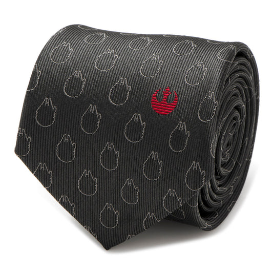 The Star Wars Rebel Alliance and Millennium Falcon Gray Tie with Red Crest by Cufflinks.com features repeating Millennium Falcon motifs and a red Rebel symbol near the tip.