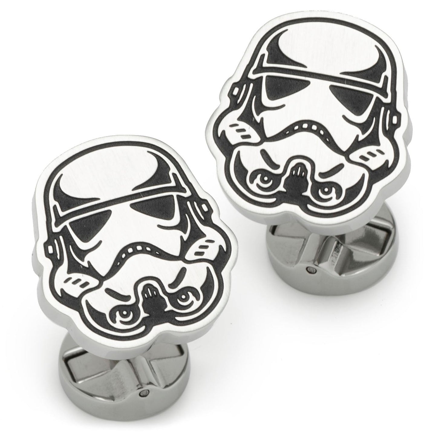 The Star Wars Stormtrooper Stainless Steel Cufflinks by Cufflinks.com include one stormtrooper helmet-shaped cufflink and one round cufflink engraved with "Star Wars.