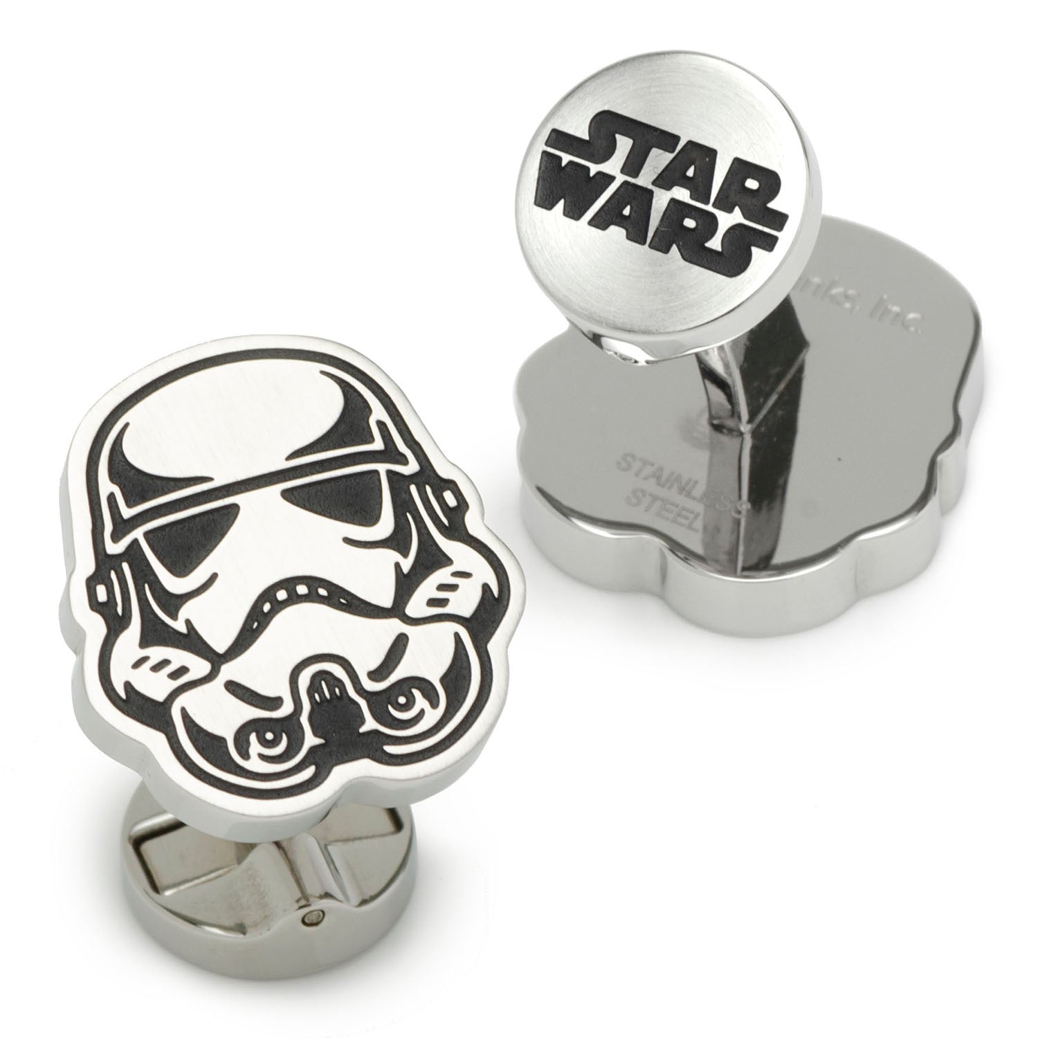 The Star Wars Stormtrooper Stainless Steel Cufflinks by Cufflinks.com include one stormtrooper helmet-shaped cufflink and one round cufflink engraved with "Star Wars.