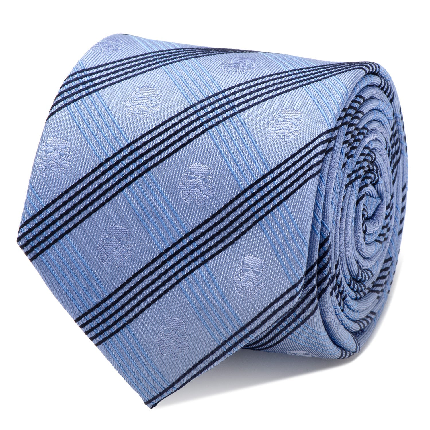The Star Wars Stormtrooper Blue Plaid Tie by Cufflinks.com features diagonal black and light blue stripes with a subtle embossed pattern—ideal for fans seeking a refined, stylish Star Wars accessory.