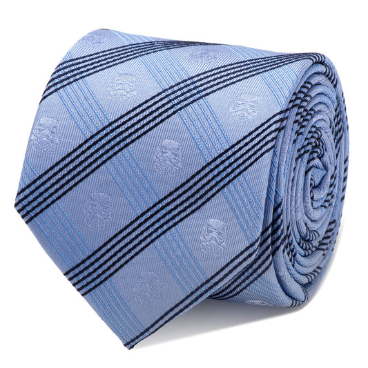 The Star Wars Stormtrooper Blue Plaid Tie by Cufflinks.com features diagonal black and light blue stripes with a subtle embossed pattern—ideal for fans seeking a refined, stylish Star Wars accessory.