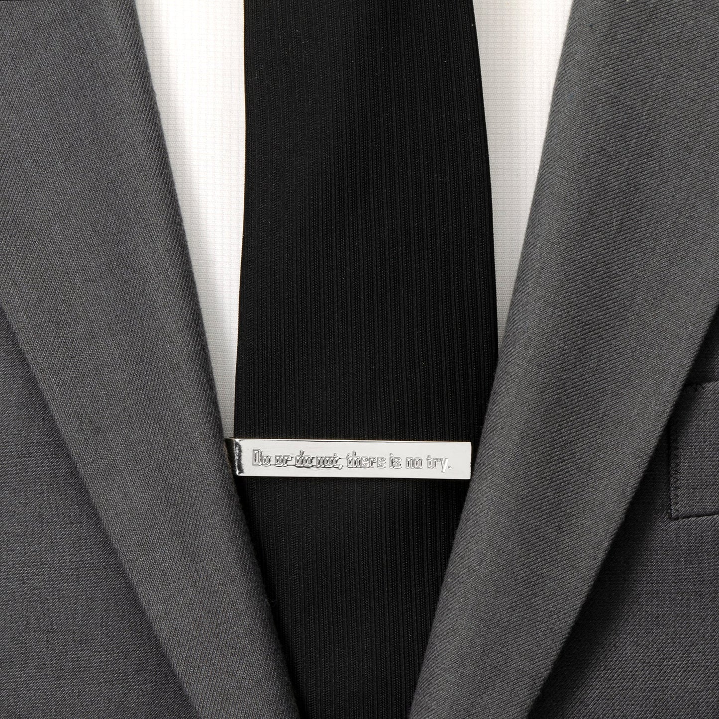 The Cufflinks.com Star Wars Yoda "There Is No Try" Tie Bar features a polished silver finish engraved with Yoda's iconic message.