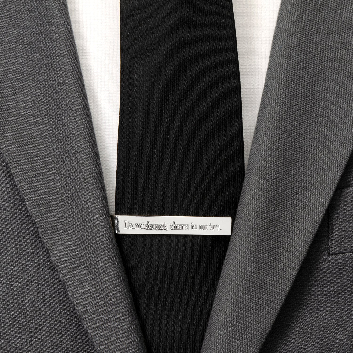 The Cufflinks.com Star Wars Yoda "There Is No Try" Tie Bar features a polished silver finish engraved with Yoda's iconic message.